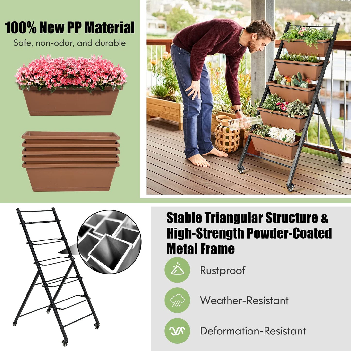 S AFSTAR 5-Tier Vertical Garden Planter, Raised Garden Bed with 2 Lockable Wheels, 6 Removable Planter Boxes, Metal Frame, Indoor Outdoor Elevated Planting Box for Flower Vegetables Fruit Herbs