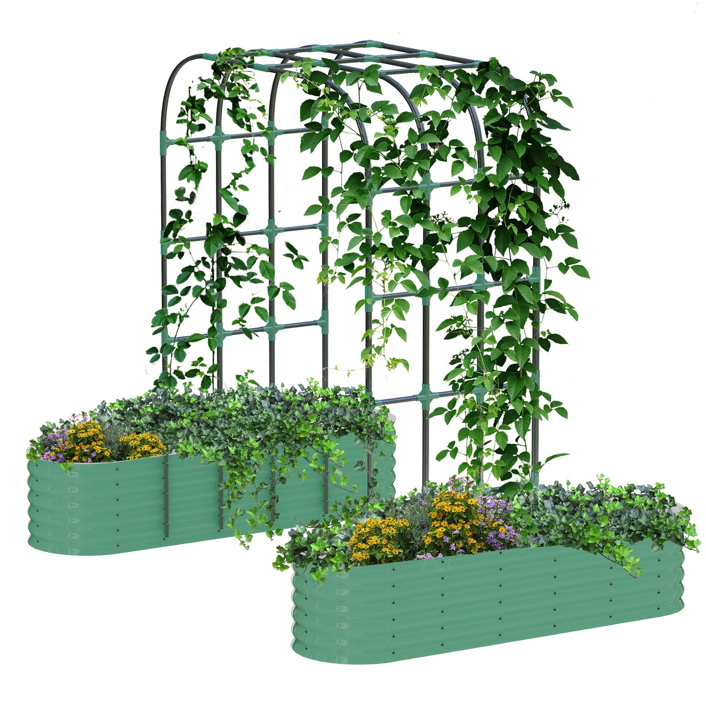 Galvanized Raised Garden Bed with 96 in Tall Vertical Arch Trellis – Expandable Rust-Resistant Planter Box for Outdoor Plants, Flowers, Herbs & Vines – Includes Plant Clips, Drainage Netting,Green