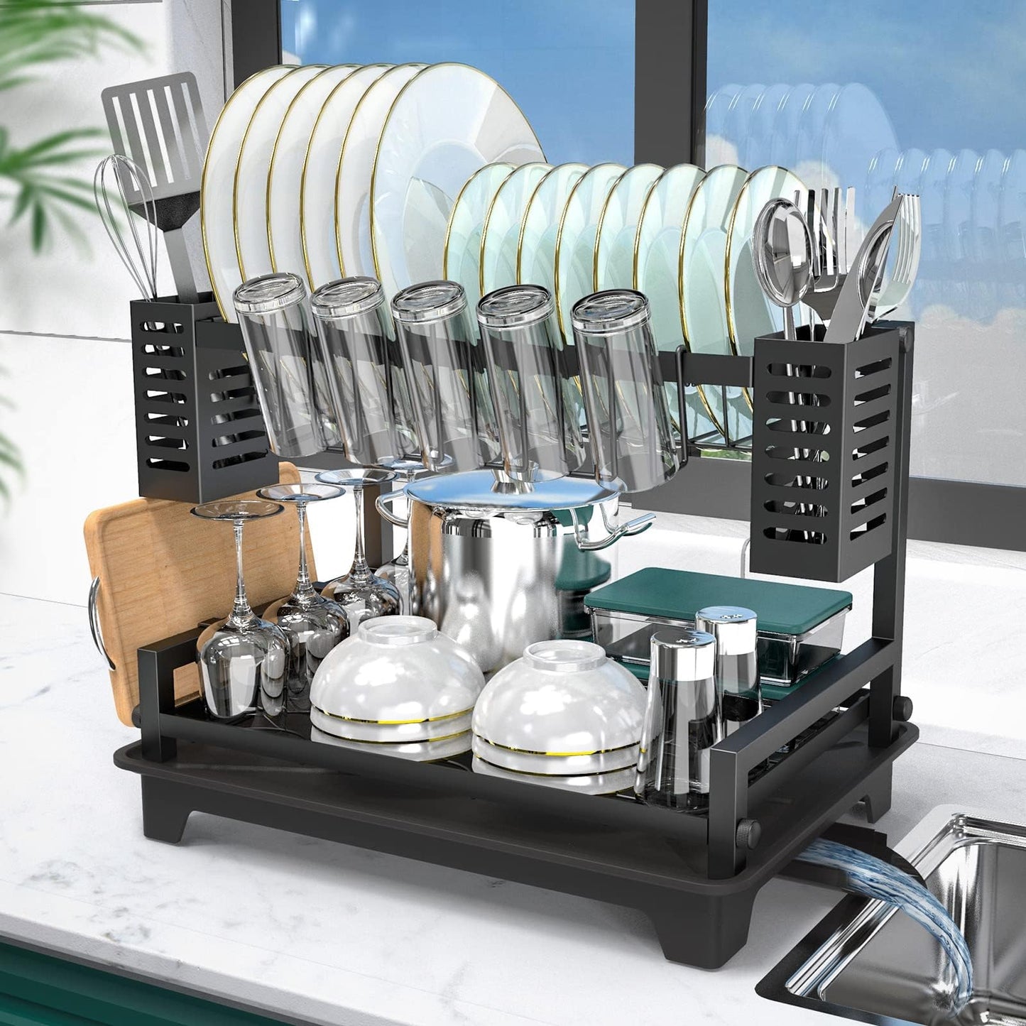 B-Land Dish Drying Rack: 2 Tier Dish Racks for Kitchen Counter and Sink - Large Dish Drying Rack with Drainboard & Utensil Holders - Stainless Steel Dish Drainers Kitchen Organization and Storage