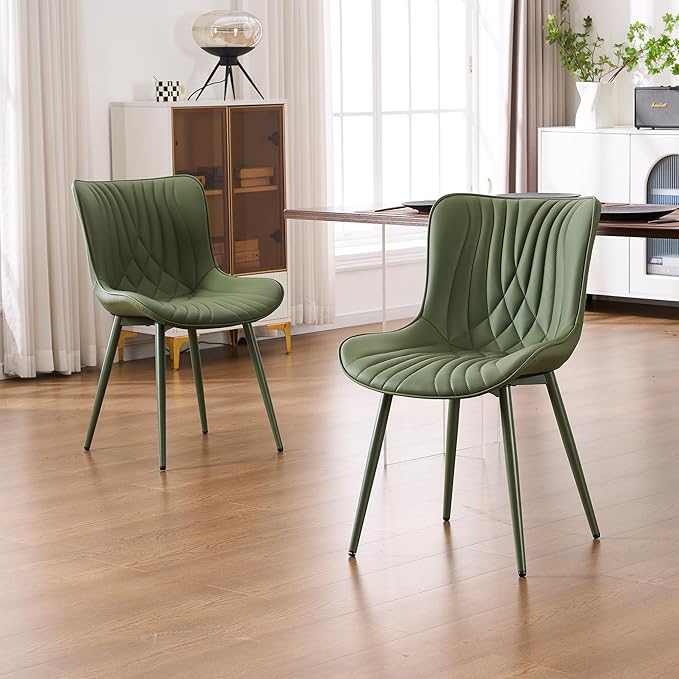 YOUTASTE Upholstered Leather Dining Chairs Set of 2 All Olive Green, Mid Century Modern Comfy Kitchen Dining Room Chair, Green Metal Legs, Armless Accent Chair for Living Room Bedroom