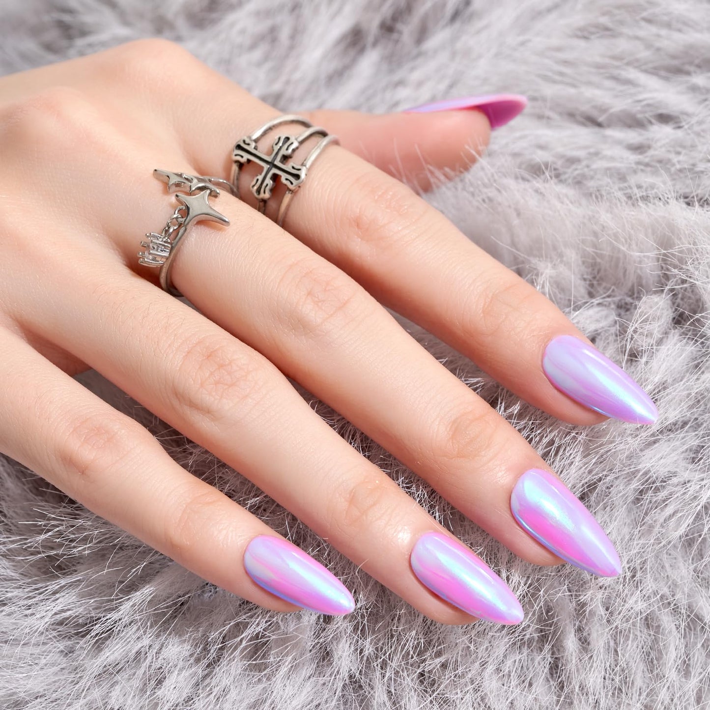 Wooyas Press on Nails Almond, Purple Metallic Mirror Finish Handmade Nails Reflective Mirror, Medium Aurora Nails Full Cover by Professional Manicurist, 24 Pcs Soft Gel Glue On Nails Kit