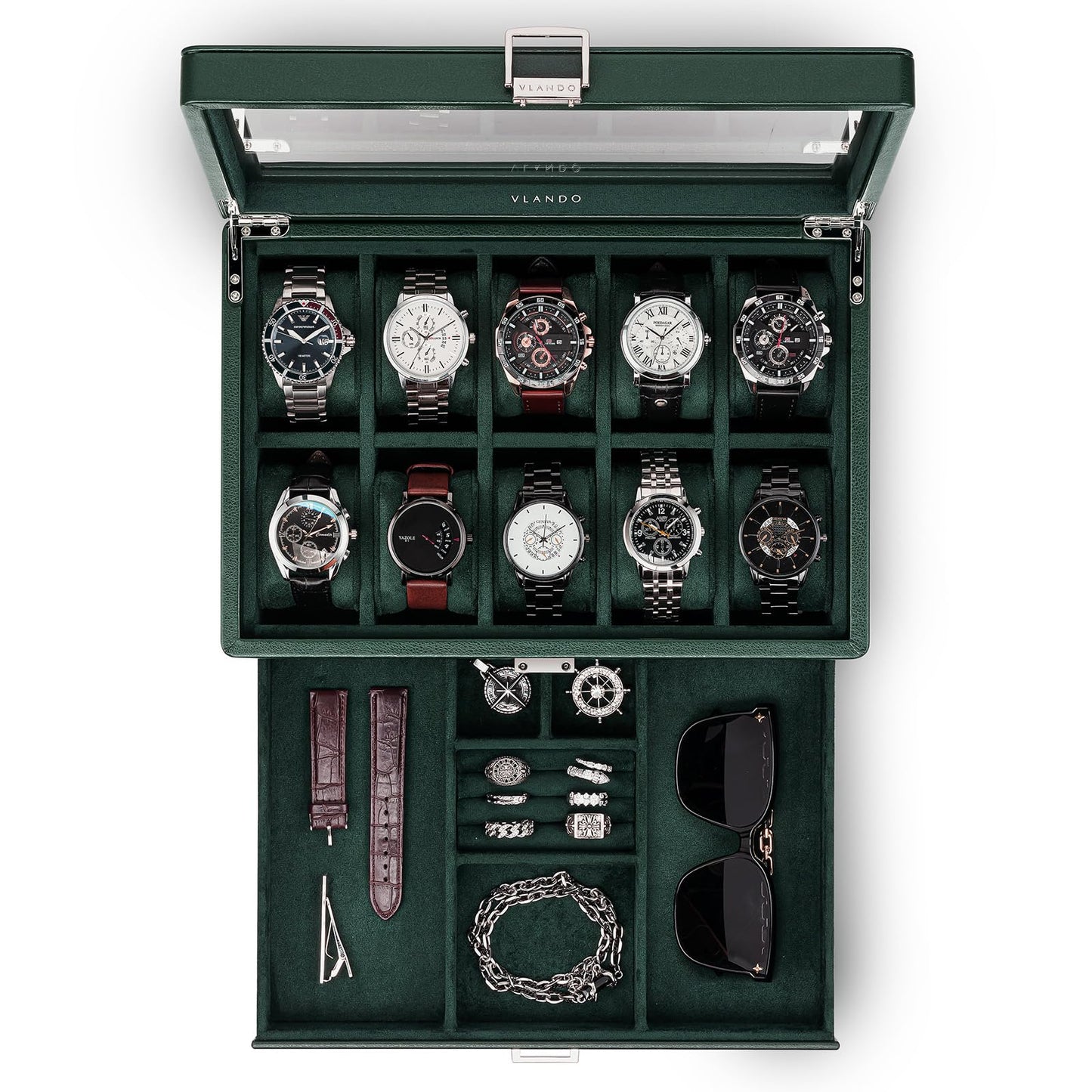 Vlando Watch Box for 10 slot, Lockable Watch Case with Textured Leather, 2 Layer Watch Holder for Rings, Bracelets, Glasses, Glass Lid, Removable Divider, Gift for Fathers, Husband, Friend, Dark Green