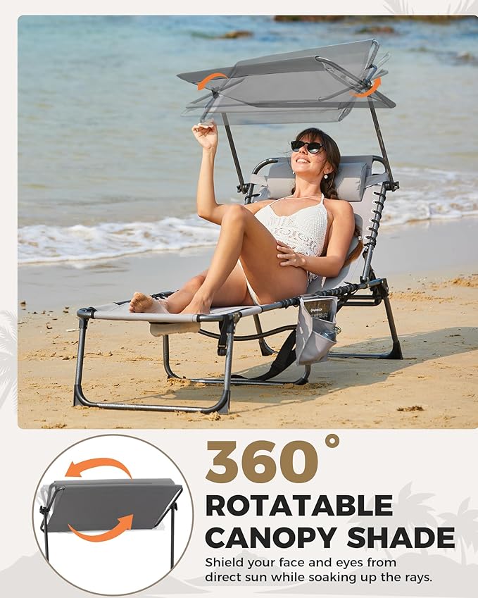 KingCamp Tanning Chair with Face Hole, Lounge Chairs Outdoor Folding Comfy Adjustable 5-Position Foldable Chaise Chaser with Canopy Shade for Outside Beach Patio Sun Bathing Pool, Grey