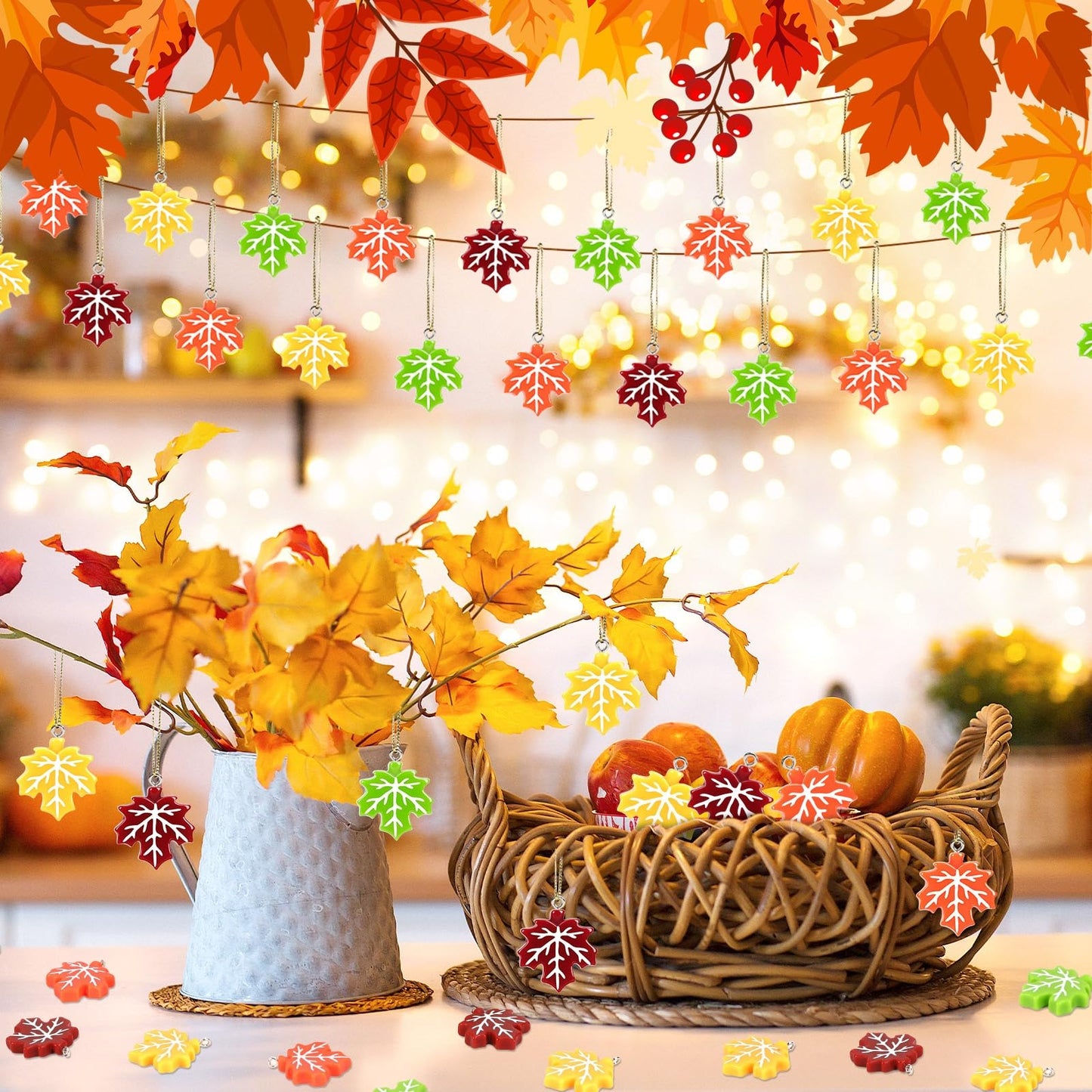 DTOFOOT 48Pcs Fall Ornaments Resin Maple Leaf Ornaments for Tree Thanksgiving Tree Decorations Autumn Harvest Hanging Pendants Charms with String for Wreaths DIY Crafts Farmhouse Home Wall Decor