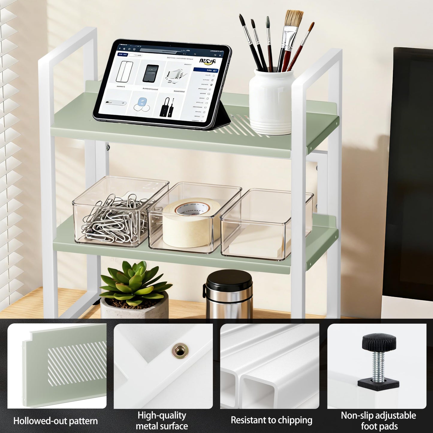 Brakki Desk Shelf Organizer, Adjustable 2 Tier Metal Desktop Shelves, Desktop Bookshelf Organization with Foot Mat, Multi-Functional Small Storage Rack for Office Dorm Home, White and Green