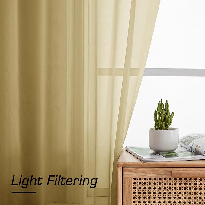 Simplebrand Gold Sheer Curtains, 63" Length, 2 Panels Set - Light Filtering, Rod Pocket Window Curtains for Bedroom (Gold, 59" W x 63" L)