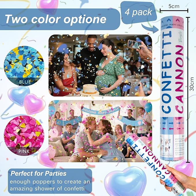 4 Pack Gender Reveal Confetti Cannon, 12 in Blue Heart Shaped Paper Party Poppers Cannons, Confetti Poppers For Baby Boy Gender Reveal Baby Showers (Heart, Blue)