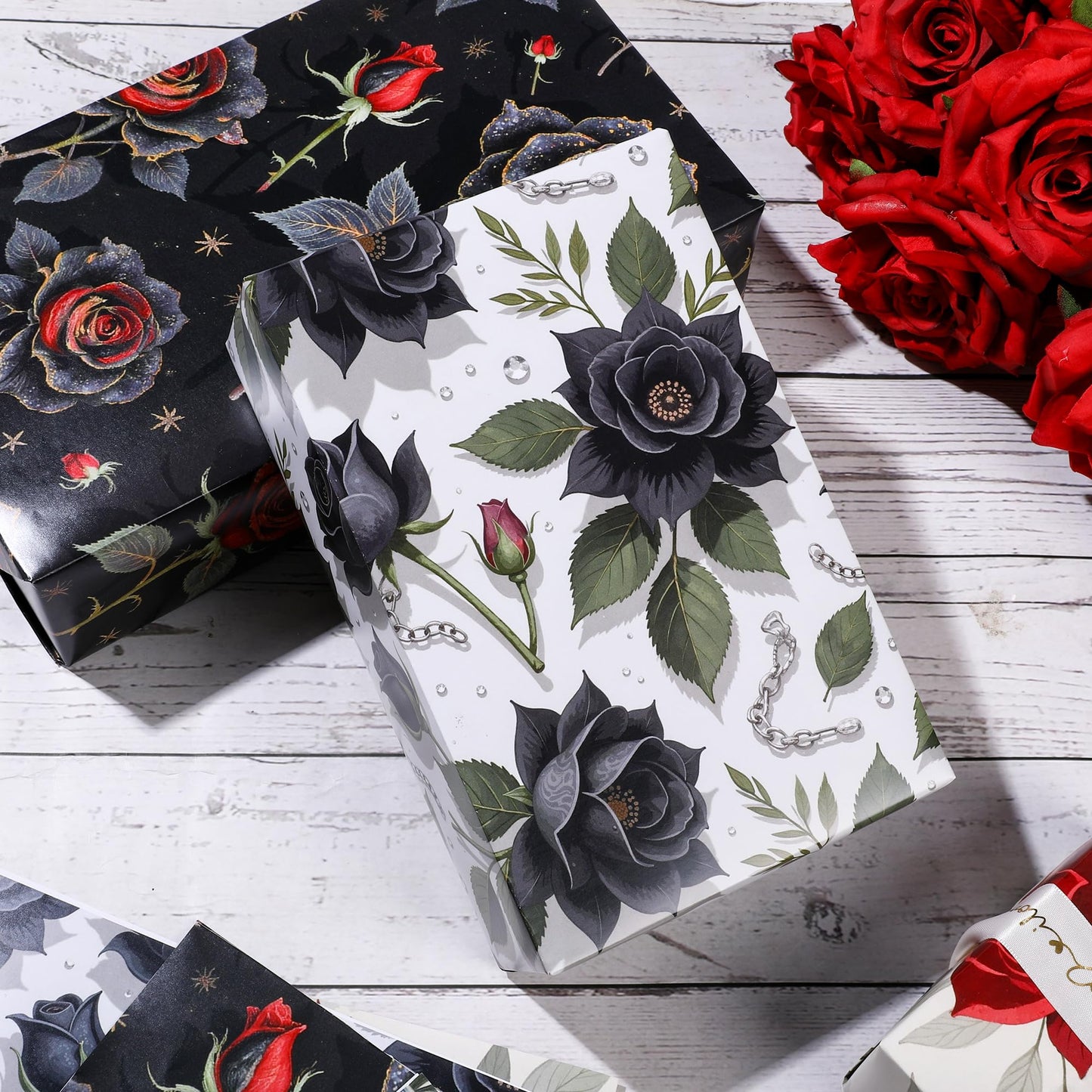 Liobelon Gothic Rose Wrapping Paper - 12 Sheets Dark Black & Red Roses Designs, Horror Goth Aesthetic Flower Gift Wrap for Gothic Birthday, Mother's Day, Wedding, Anniversary, 19.7 x 27.6 In.