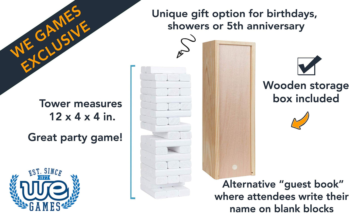 WE Games Wooden Block Stacking Party Game for Adults, Tumble Tower Wedding Guest Book Alternative, Tabletop Games, Includes Storage Case, 12 inches
