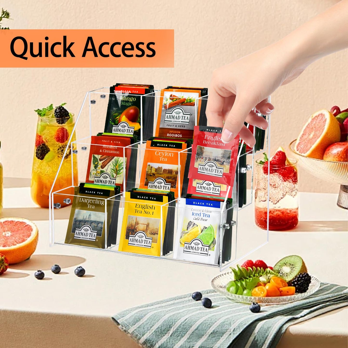 Wuudy Tea Bag Organizer Holder, Acrylic Tea Packets Storage Box Container Display Stand Rack for Counter Cabinet Countertop Kitchen Office, 3 Tier