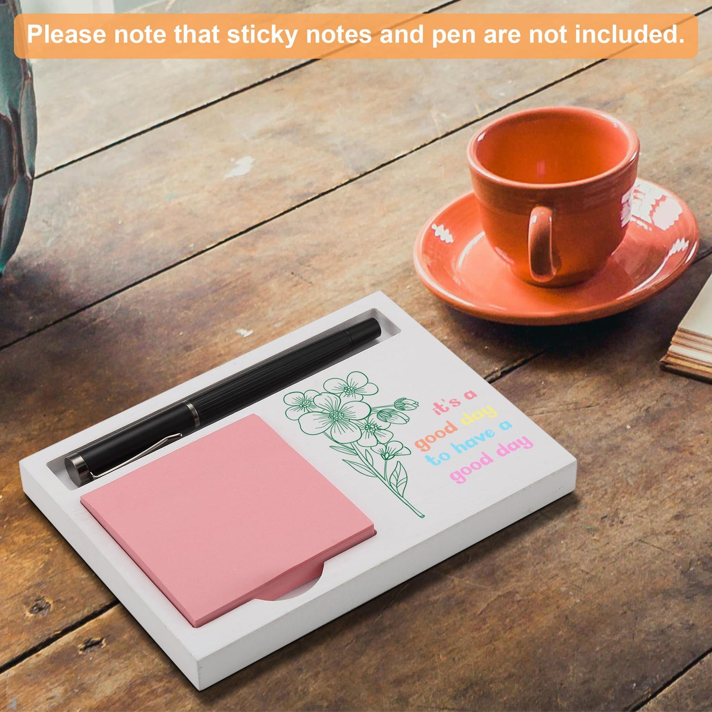 Inspirational Sticky Note Holder for Desk, White Wood Organizer for Pen and Memo Pads, Floral Desk Decor Gift for Women Men, Office Teacher Birthday Appreciation, NPB607