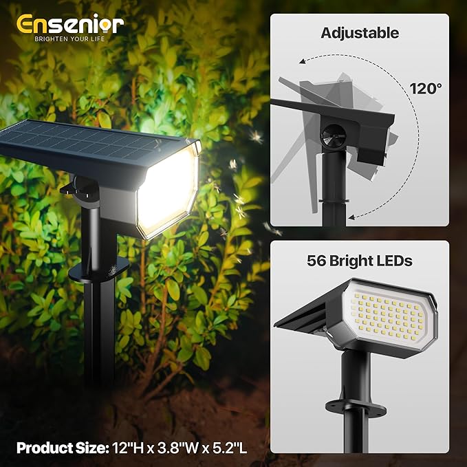 Ensenior Solar Spotlights Outdoor, 56 LEDs Brightness Adjustable 6500K LED Solar Garden Lights, Halloween Christmas Landscape Lighting for Flag/Yard/Pathway, IP65 Waterproof - 6 Pack