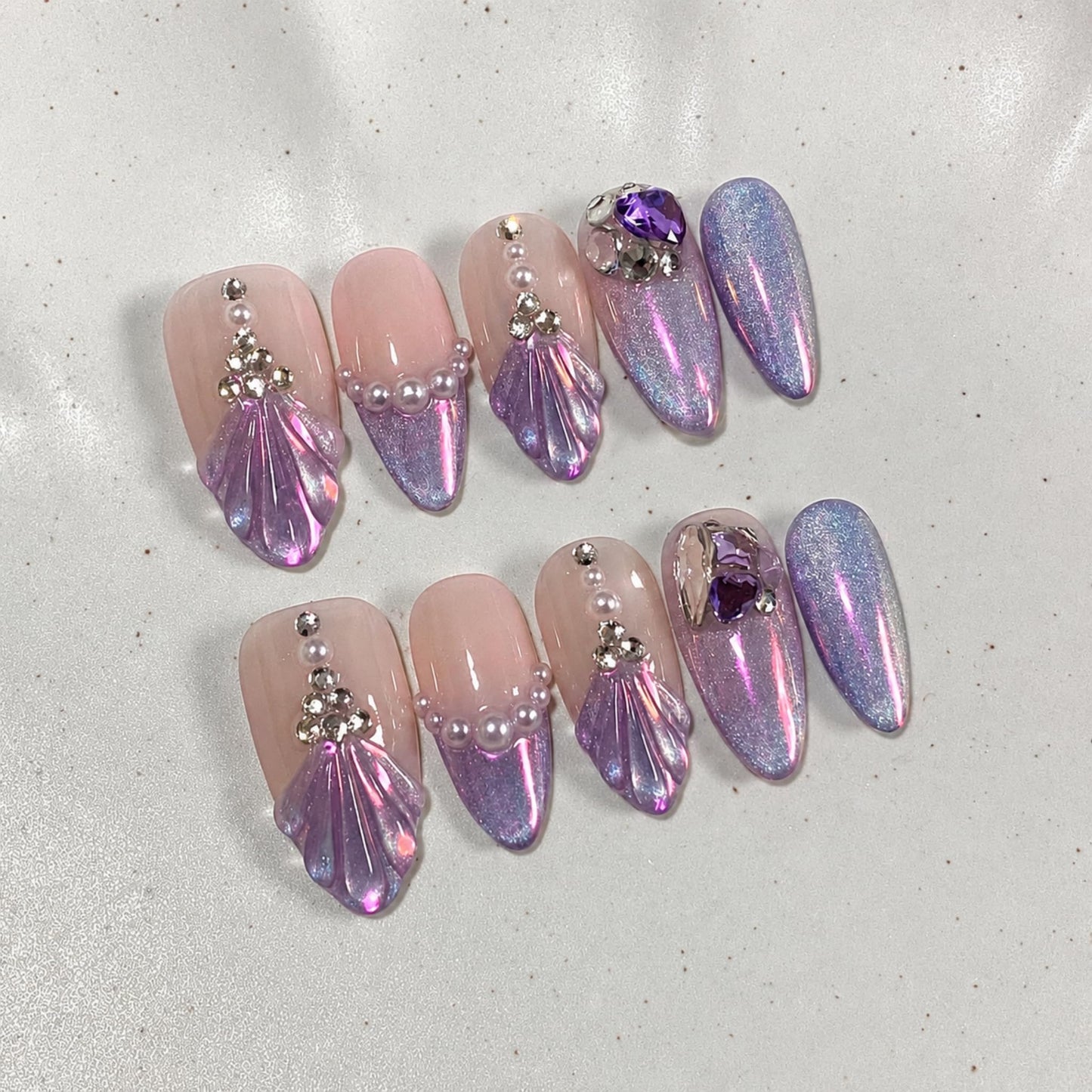Medium Press on Nails Almond Fake Nails Purple Artificial Nail Mermaid Stick on Nail with Seashell Pearl Rhinestone Gem Glitter Design for Women 30pcs
