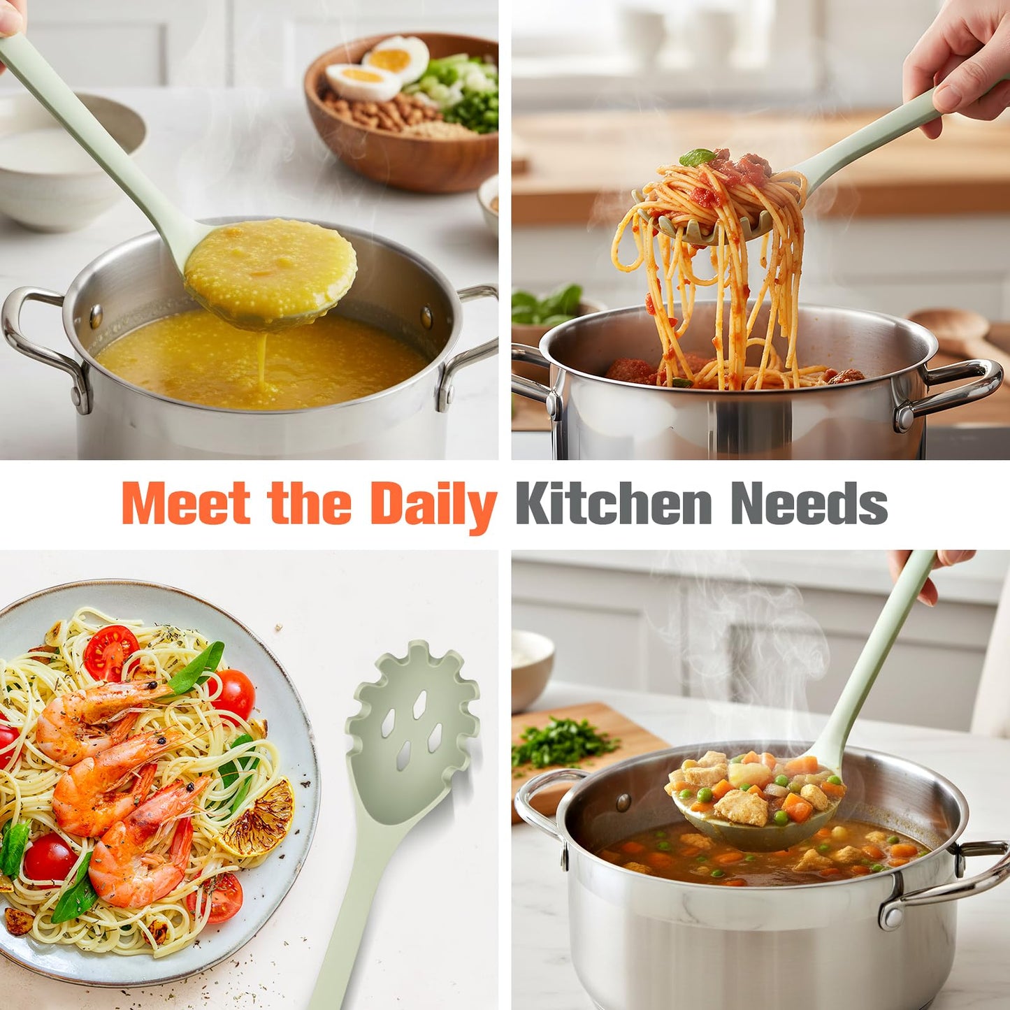 Silicone Spaghetti Spoon&Soup Ladle Cooking Utensils Set of 2,No Scratch for Nonstick Cookware,BPA Free, 450℉ Heat Resistant (Green)