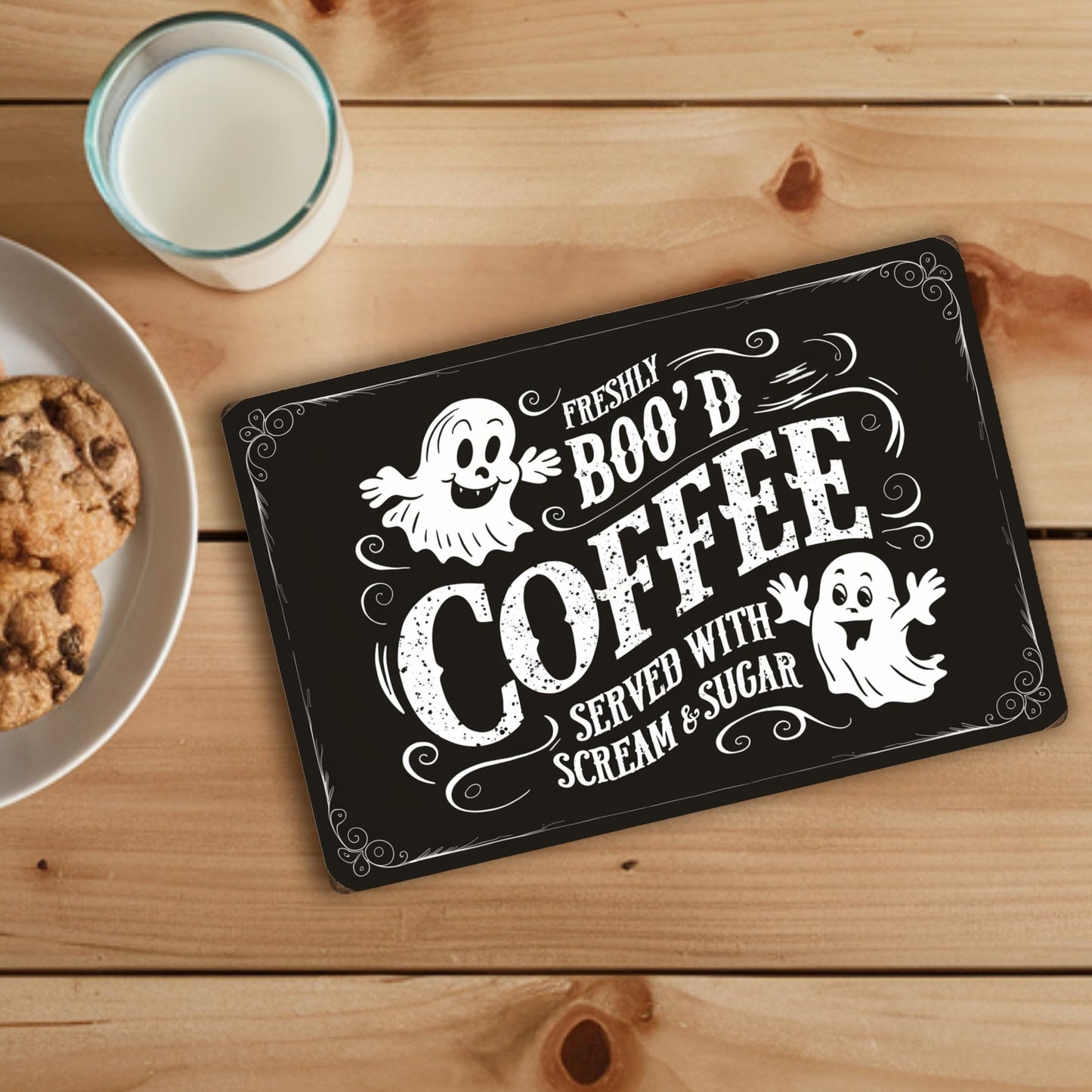 Halloween-Themed Metal Sign - "Freshly BOO'D Coffee Served with Scream and Sugar" - Humorous Ghost Design - 8"x12" Black Metal Sign