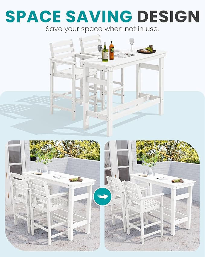 SERWALL Outdoor Bar Set - 4 Adirondack Bar Chairs & Bar Height Table with 1.6" Umbrella Hole, All-Weather HDPE Patio Furniture for Poolside, Backyard, Garden - White