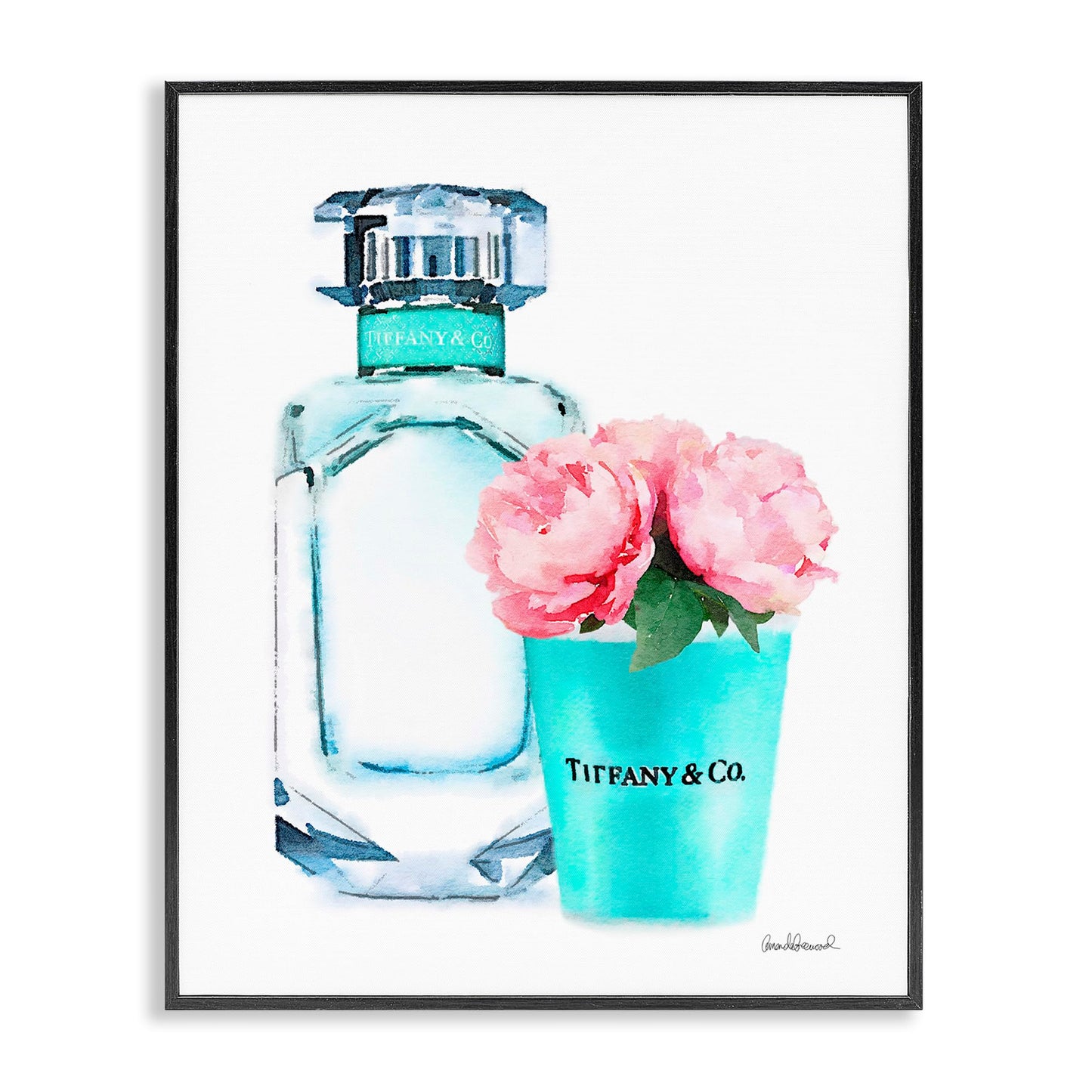 Stupell Industries 'Teal Perfume Bottle and Peonies', Framed Giclee Art, Black, 24 x 30 Inches, Easy to Hang and Sturdy, Made in USA, by Amanda Greenwood