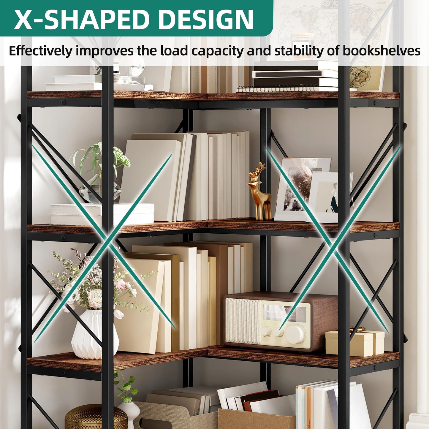 YITAHOME Corner Bookshelf, Industrial Corner Shelf 5 Tier Bookcase, Large Display Rack Storage for Bedroom, Living Room, Home Office,Rustic Brown