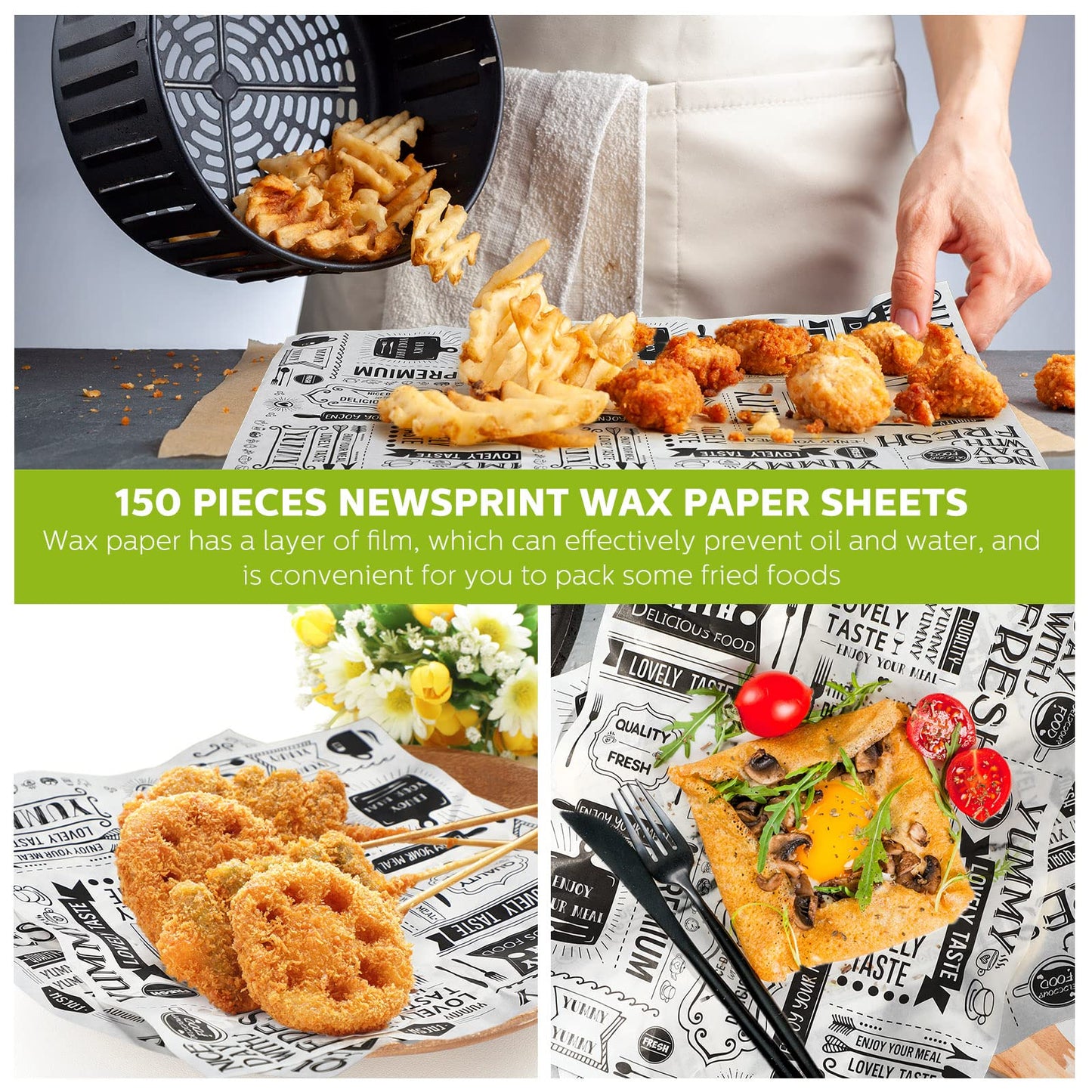 150 Pcs Wax Paper Sheets Deli Newsprint Food Basket Liners 8.3 x 9.8 in Sandwich Wrapping Paper Grease Resistant Waterproof Wrapping Tissue Hamburger Picnic Tissue for Baking Kitchen