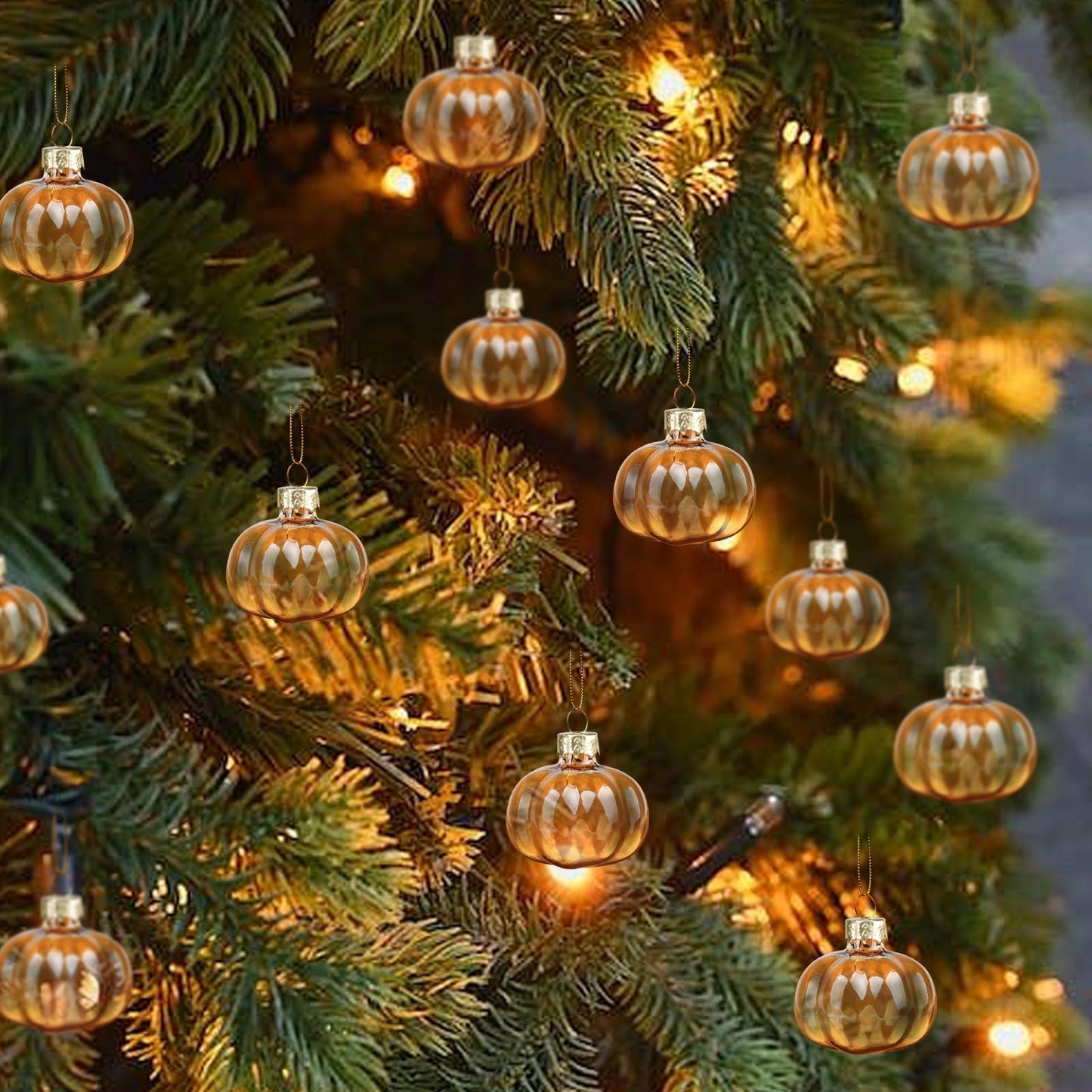 YiYa 12 Pcs Fall Pumpkin Ornaments Glass Pumpkin Hanging Ornaments for Tree Thanksgiving Tree Ornament Set for Autumn Thanksgiving Halloween Xmas Home Decoration