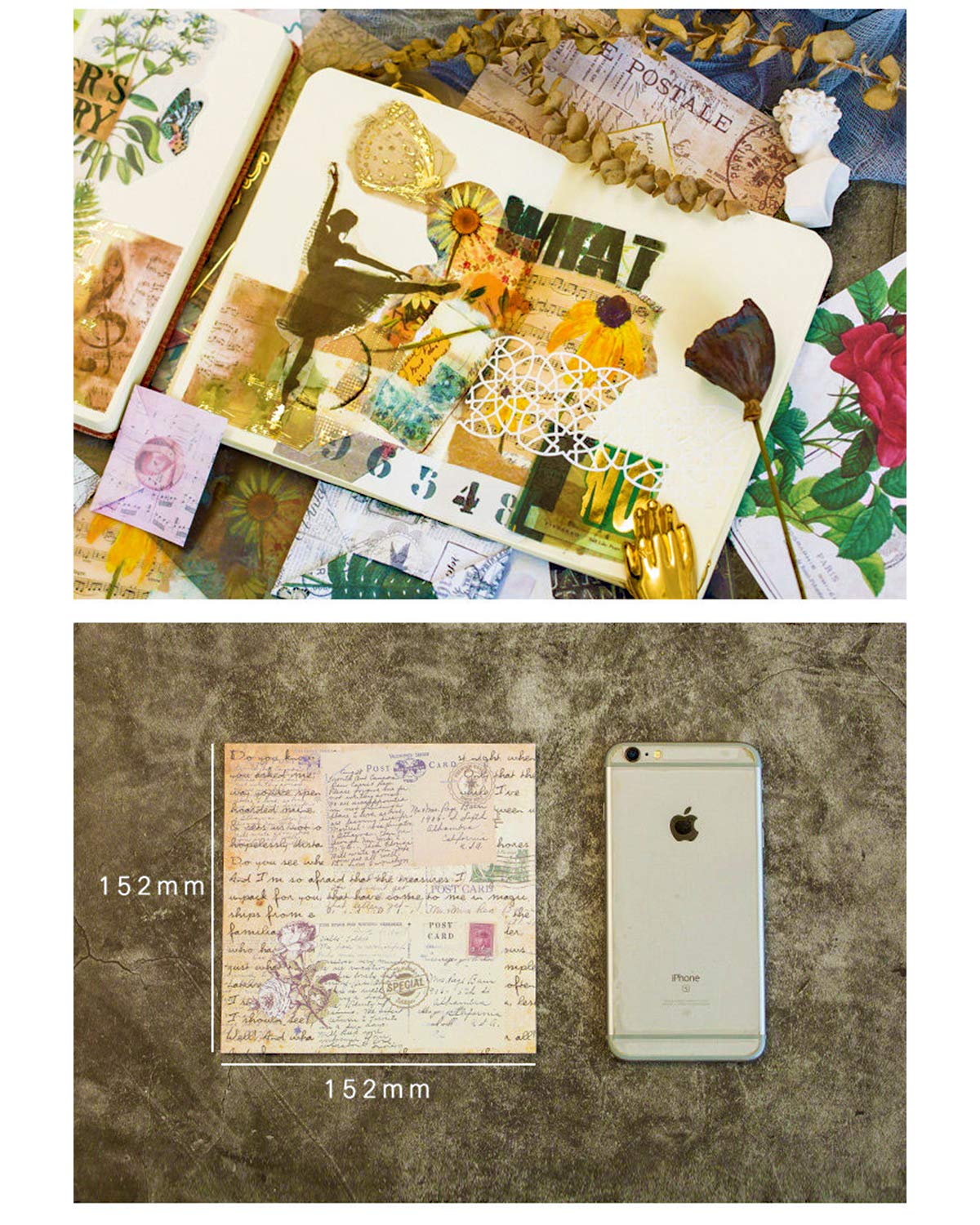 CATaireen Junk Journal Card Making Supplies Kit Scrapbooking Embellishments Collage Decoupage Art Craft for Adults Large DIY TN Travel Notebook Vintage Gold Washi Paper Ephemera Pack 120pcs