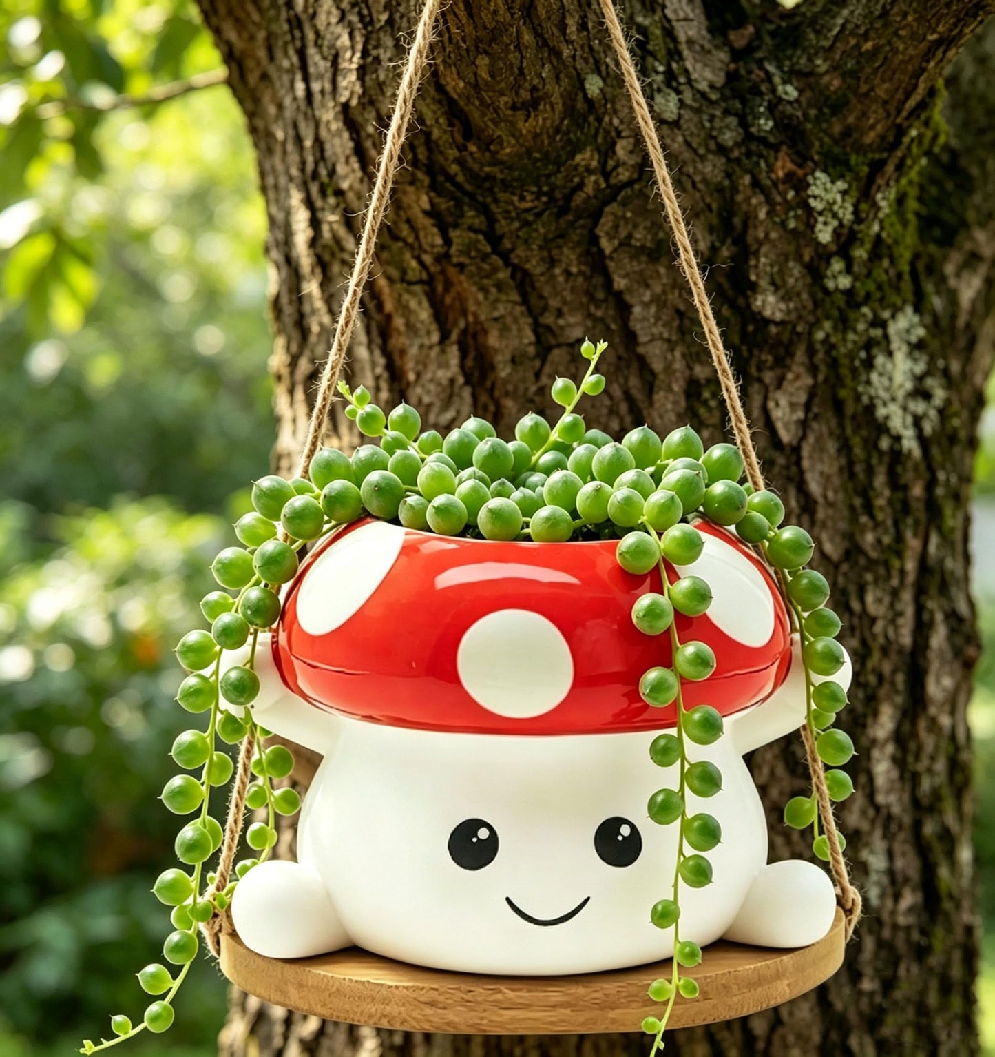 MAKGEWI Mushroom Swing Hanging Planter, Cute Ceramic Face Planter for Indoor & Outdoor, Whimsical Decor for Succulents & String of Pearls, Small Hanging Pot for Home Garden