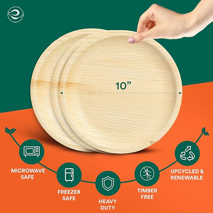 ECO SOUL 10 Inch Disposable Palm Leaf Plates [100 Pack] Premium Food-Safe Heavy Duty Compostable Bamboo Paper Plates for Lunch, Dinner, Birthday, Weddings, Party, Camping & Catering Events [Round]