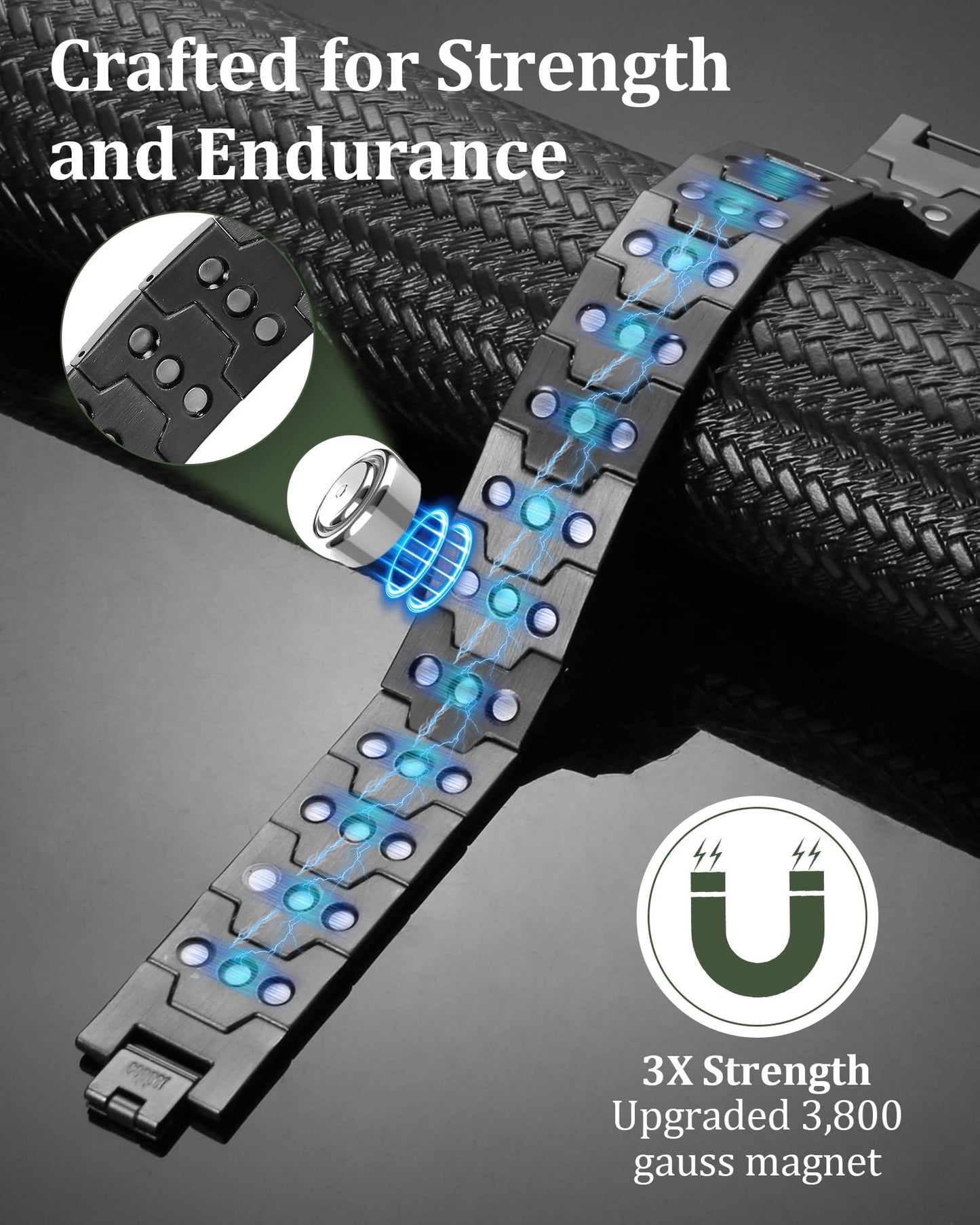 Fashtour 3X Copper Bracelet for Men Triple Ultra Strength Magnets, Masculine Design Pure Copper Magnetic Bracelet & Ring Set, Adjustable Length with Sizing Tool (Gunmetal)