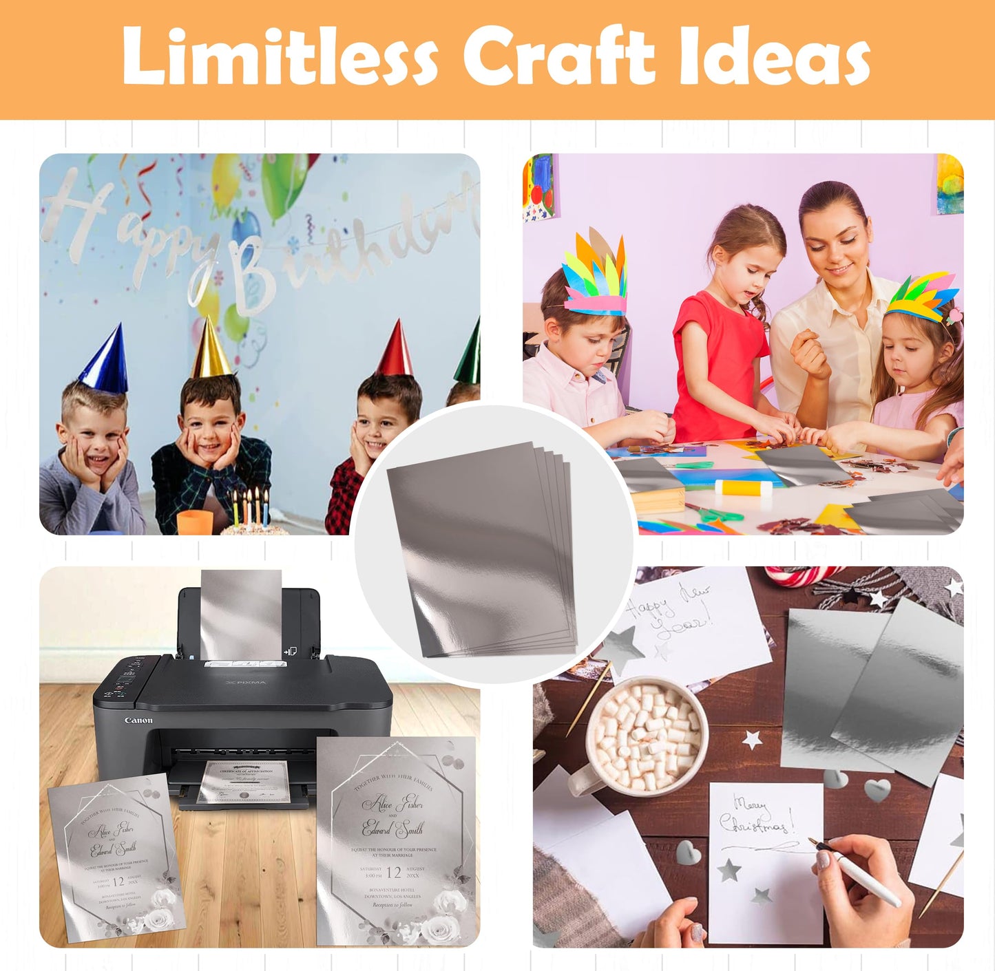 Gift Boutique 60 Pcs Metallic Silver Cardstock Paper, Foil Board Sheets, Mirror Finish Surface for Crafting Invitations & Decor, 8.5" x 11", 250gsm
