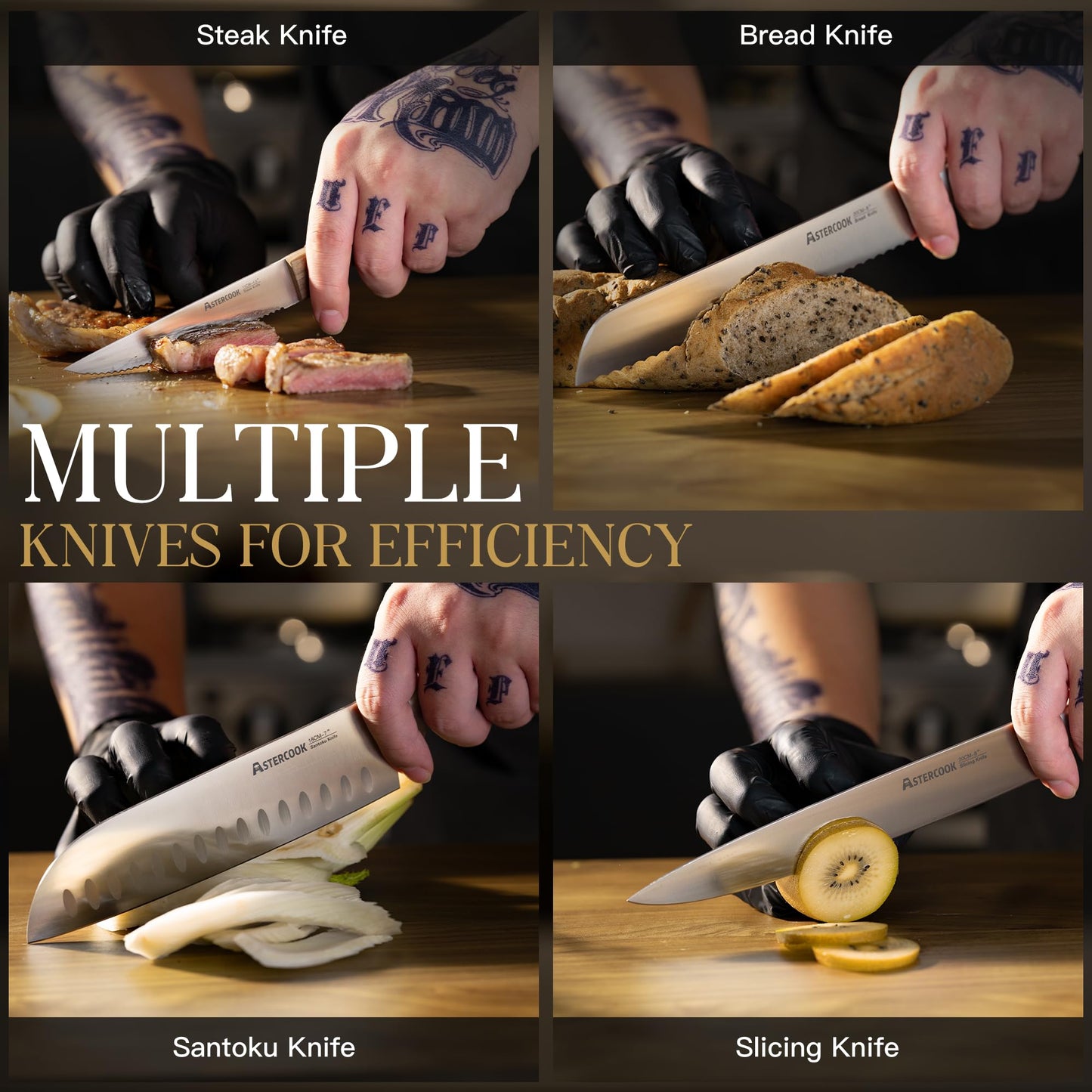Astercook 17-Piece Knife Block Set with Built-in Sharpener, German Stainless Steel Full Tang Kitchen Knives, Ergonomic Walnut Handle Cutlery Set for Home Cooking & Gifting