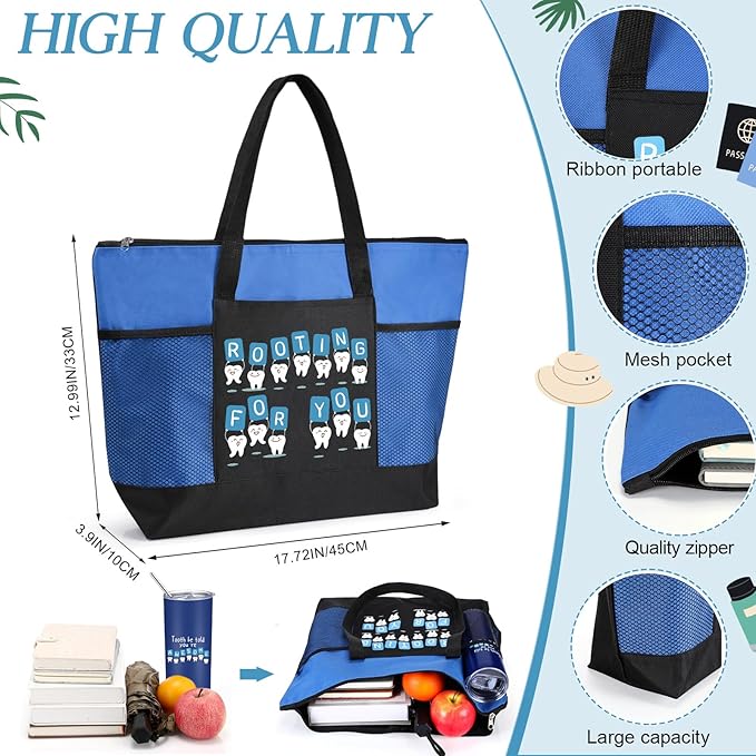 Nuogo 3 Pcs Positive Dental Hygienist Gifts Dentist Assistant Gift for Women Men Inspirational 20oz Tumbler Tote Bag Tooth Stress Toy for Dental Hygiene Month Employee Appreciation(Blue,Teeth)