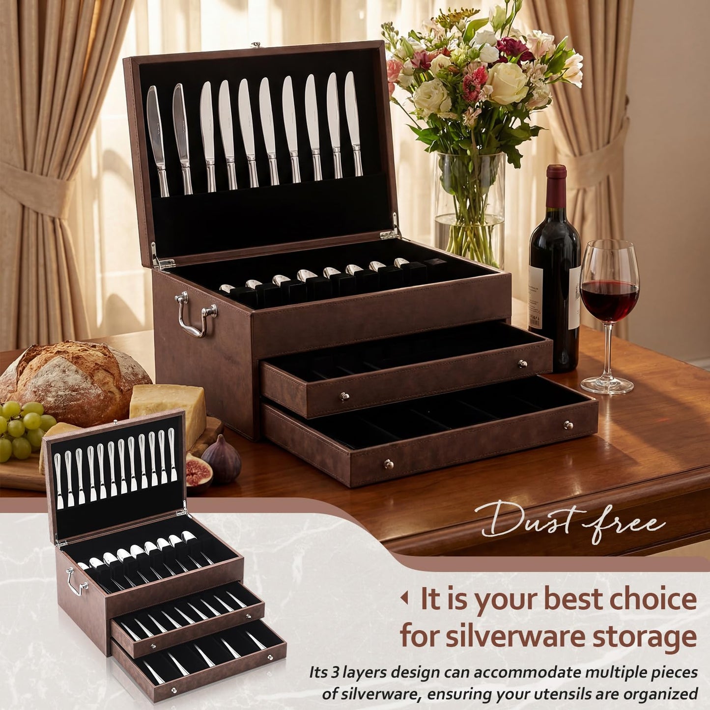 DoubleFill 3 Layer Leather Silverware Storage Box with Lid and Handles, Anti Tarnish Silverware Storage Chest Case with Felt-lined for 12-16 or More Sets of Utensils Flatware Gifts, 15.3x11.2x9 Inch