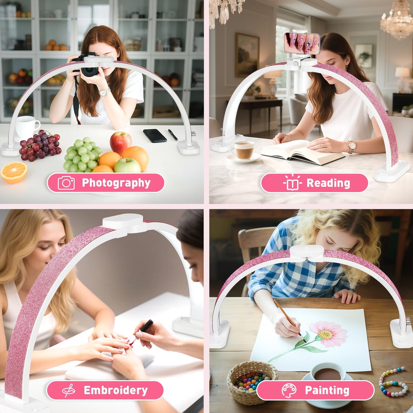 HITTI Super Large 31in Half Moon Light for Nail Desk, Foldable Arch Light for Nail Tech Lamp with Phone Stand, LED Table Lamp for Manicure, Handicraft, Art, Eyelash Extension (Crystal Diamond) -White