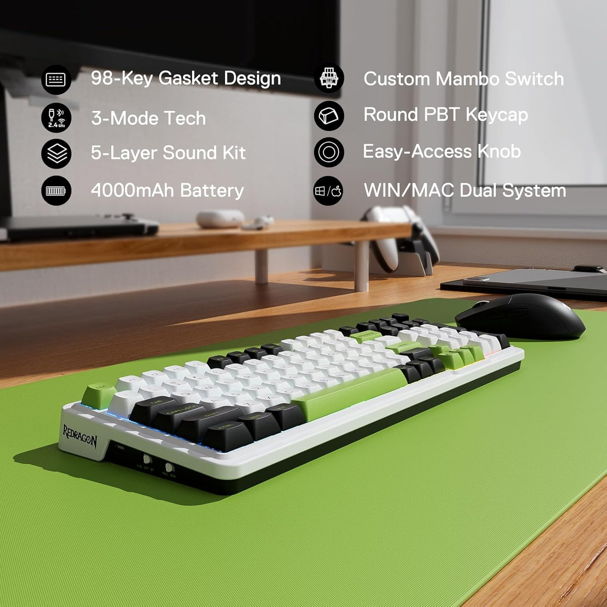 Redragon K686 PRO 98 Keys Wireless Gasket RGB Gaming Keyboard, 3-Mode PBT Mechanical Keyboard w/Hot-Swap Socket, Dedicated Knob Control & 5-Layer Noise Dampening, Custom Linear Switch