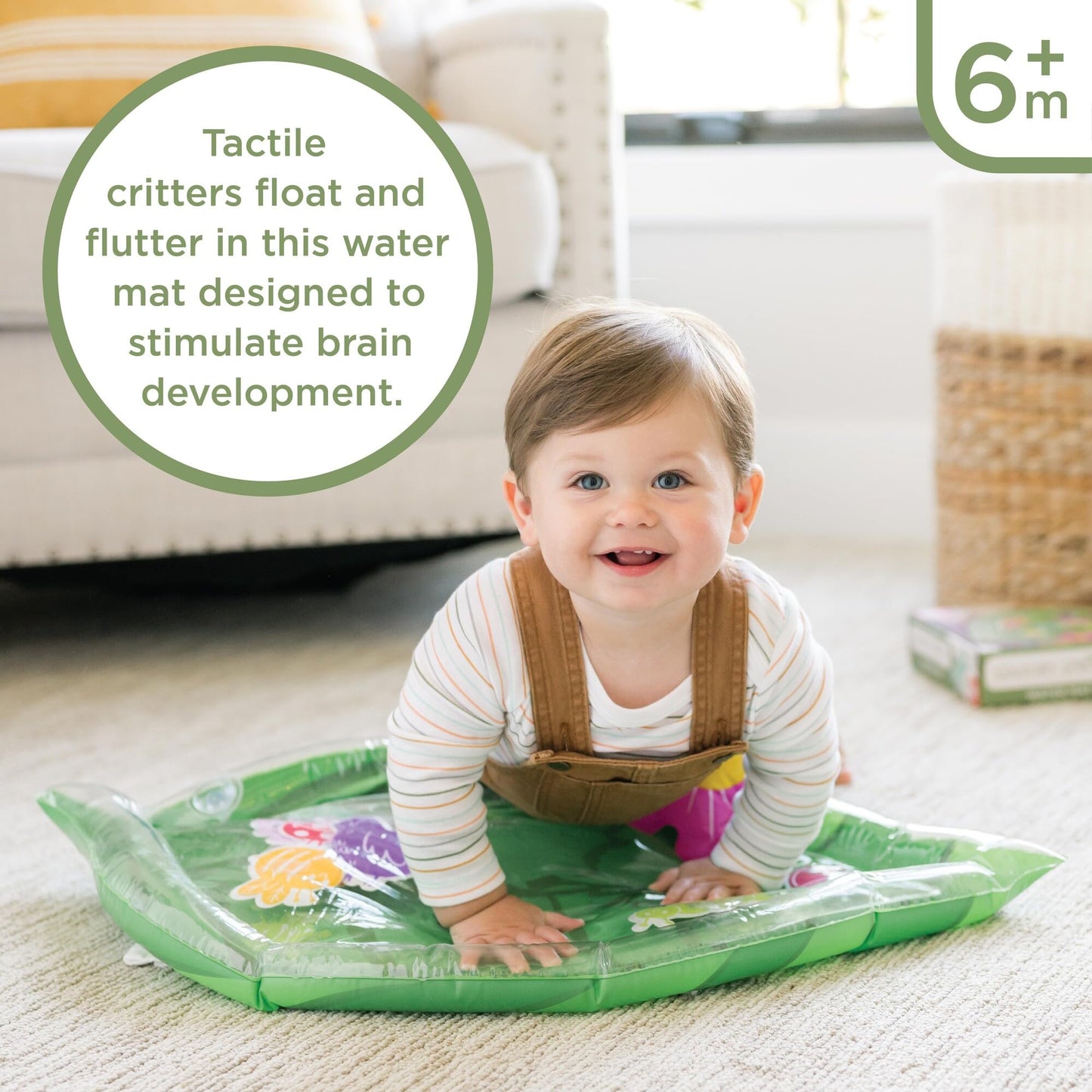 MindWare Sensory Sprouts Baby Water Mat, Inflatable Leaf-Shaped Tummy Time Play Mat with Floating Bugs for Sensory Play, Visual Tracking and Neck Strength Development for Babies 6 Months and Up
