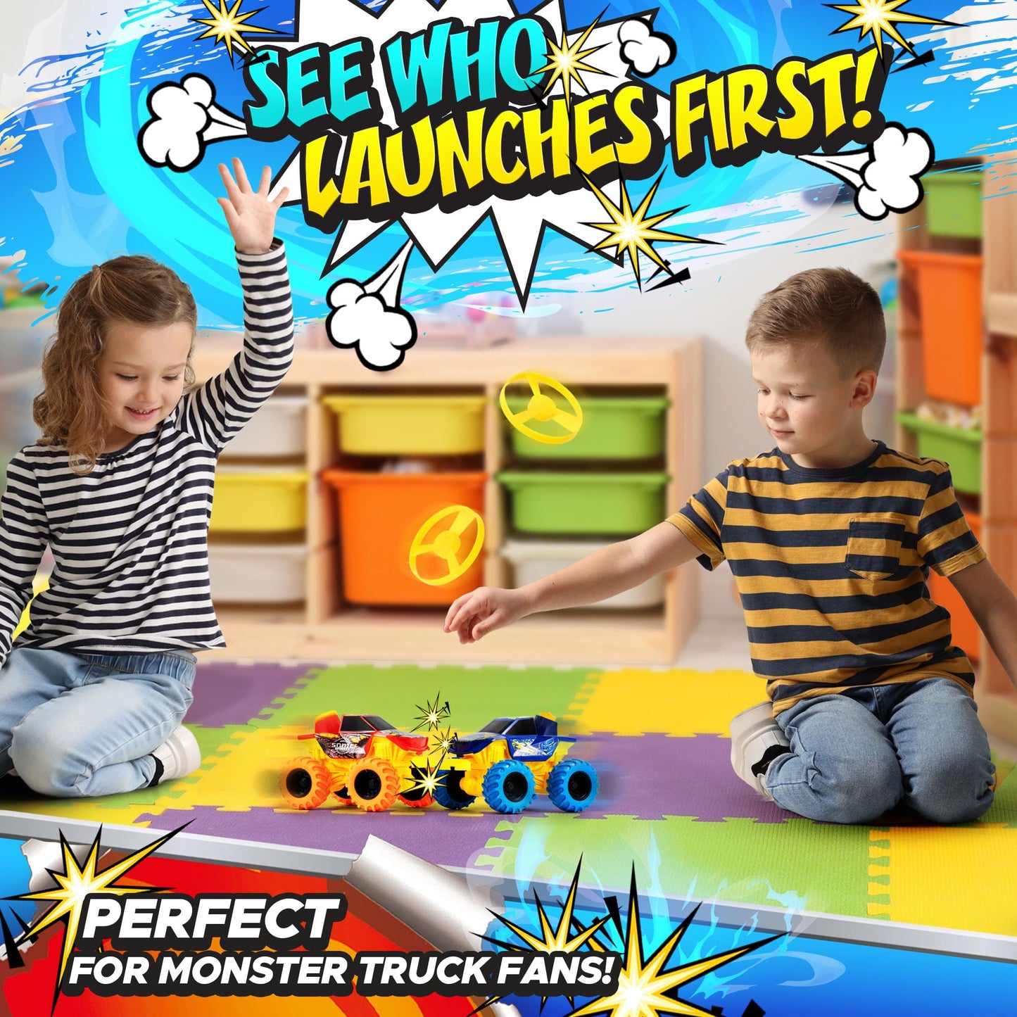 Team Power Monster Truck Toys Drone Warrior, Disc-Launching 2-Pack 5.2" Battle Trucks with Pull-Back Motors, Age 3, 4-7 and Above for Boys & Girls [Amazon Exclusive]