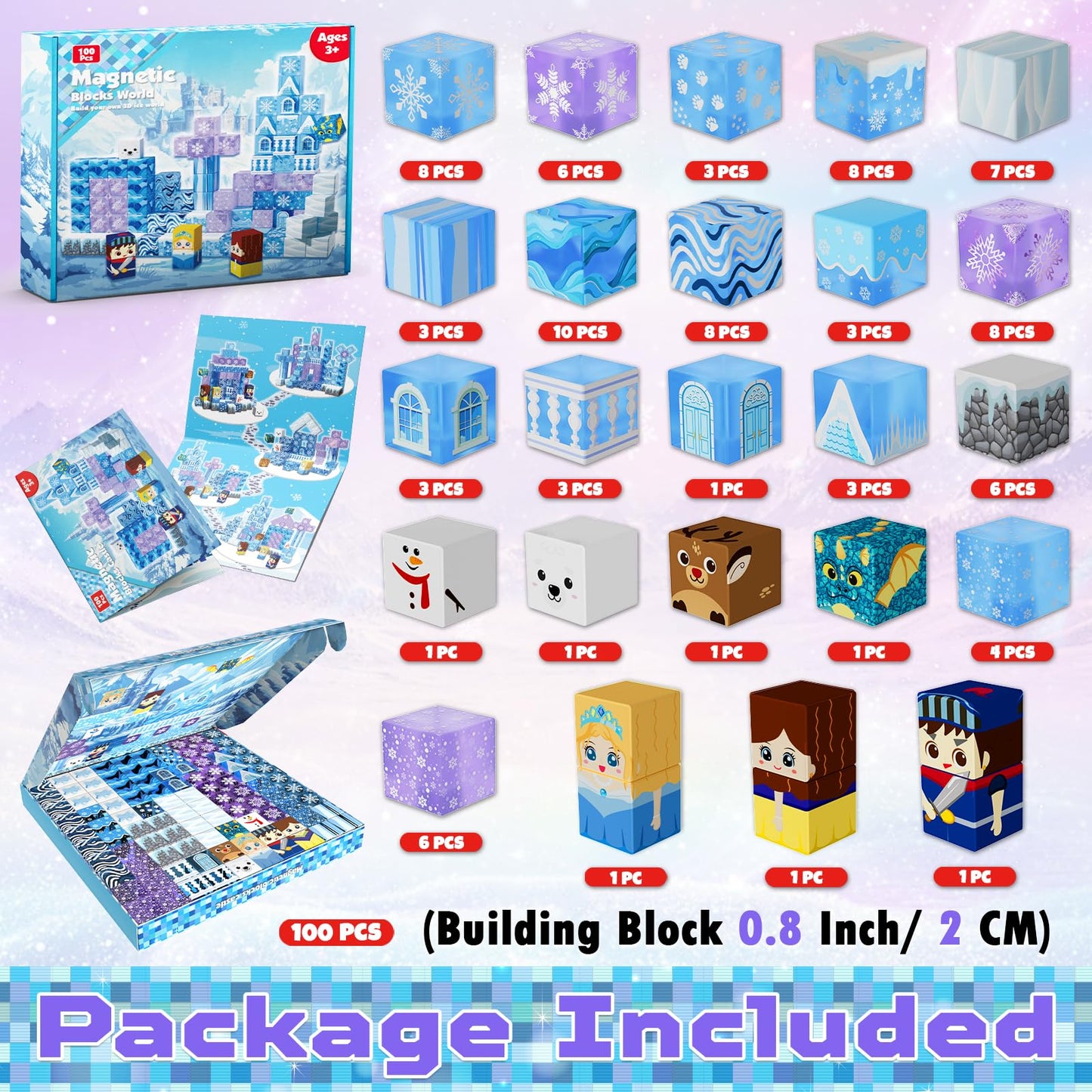 Magnetic Blocks - 100Pcs 0.8in Magnetic Building Block for Kids Ages 4-8, Transparent Magnet Block Blue Princess Castle, Magnet Cubes Tiles Princess Toy for Girl 3 4 5 6 7 8-12 Birthday Gift