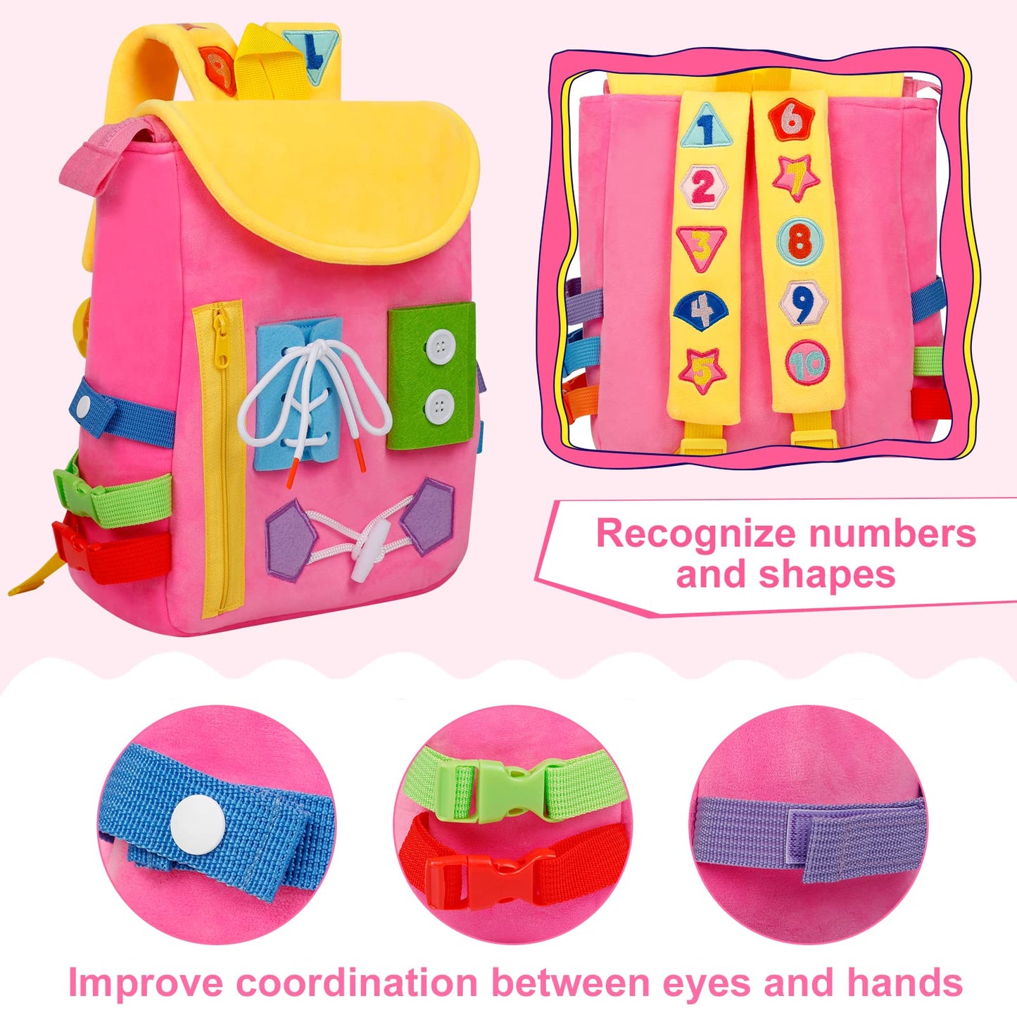 Busy Board - Toddler Backpack with Buckles and Learning Activity Toys - Develop Fine Motor Skills and Basic Life Skills - Learn to Tie Shoes - Children's Travel Toy (Pink)