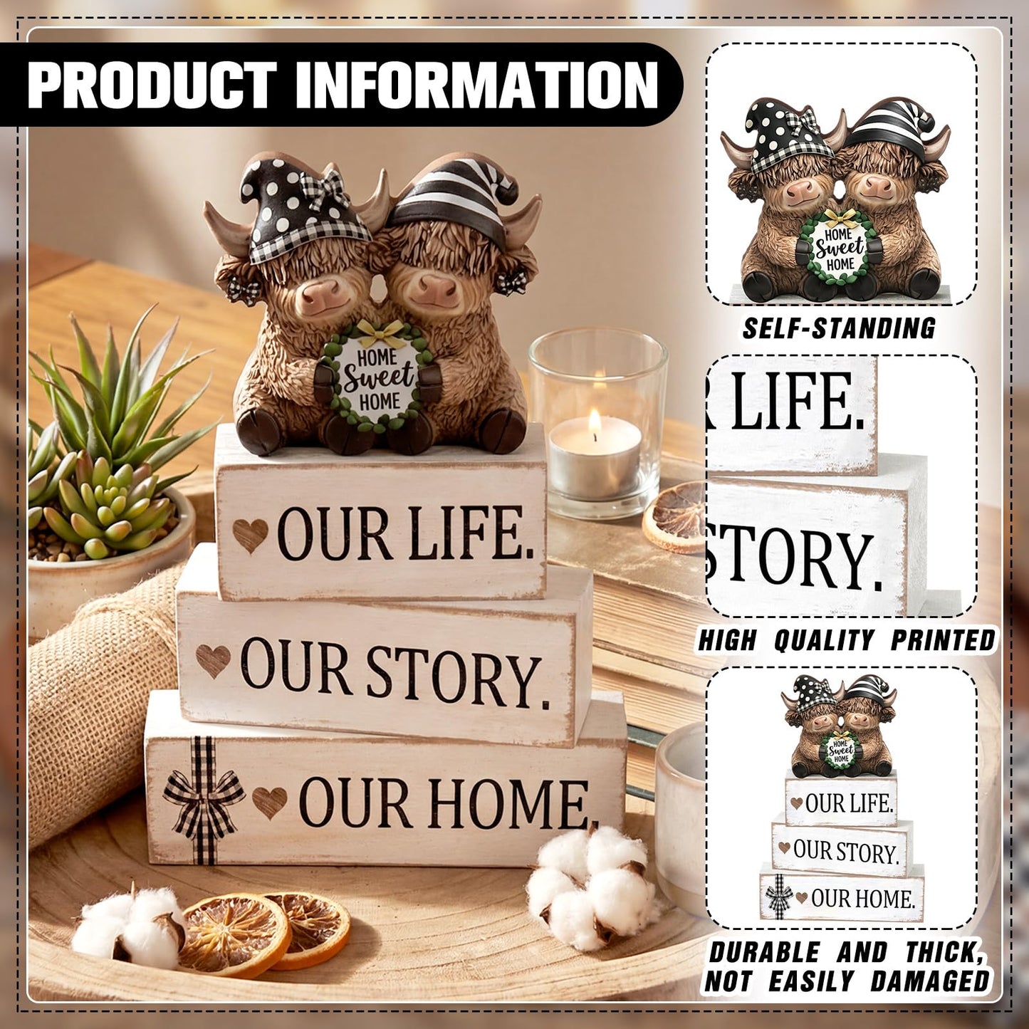 Yousoontic 4 Pcs Rustic Wooden Highland Cow Figurines Set, Farmhouse Table Decor Home Sweet Home Stackable Centerpiece for Entryway Tiered Tray Shelf Living Room Office Decor, Housewarming Gift