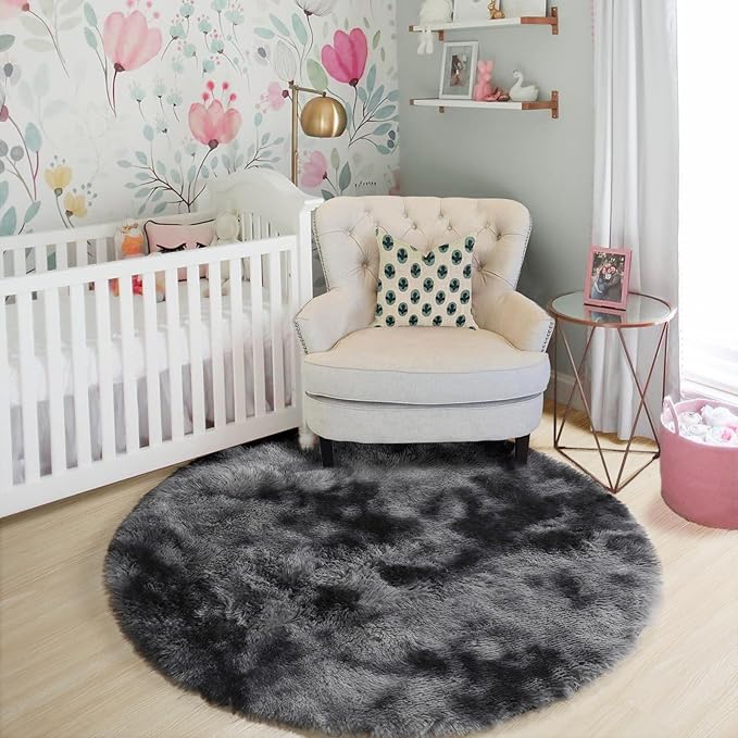 Amdrebio Tie-Dyed Dark Grey Round Area Rug 5Ft for Living Room Bedroom, Soft Furry Shaggy Circle Rugs for Classroom Playroom Dorm, Modern Cool Shag Fluffy Fuzzy Circular Carpet for Men Kids Teen Boys