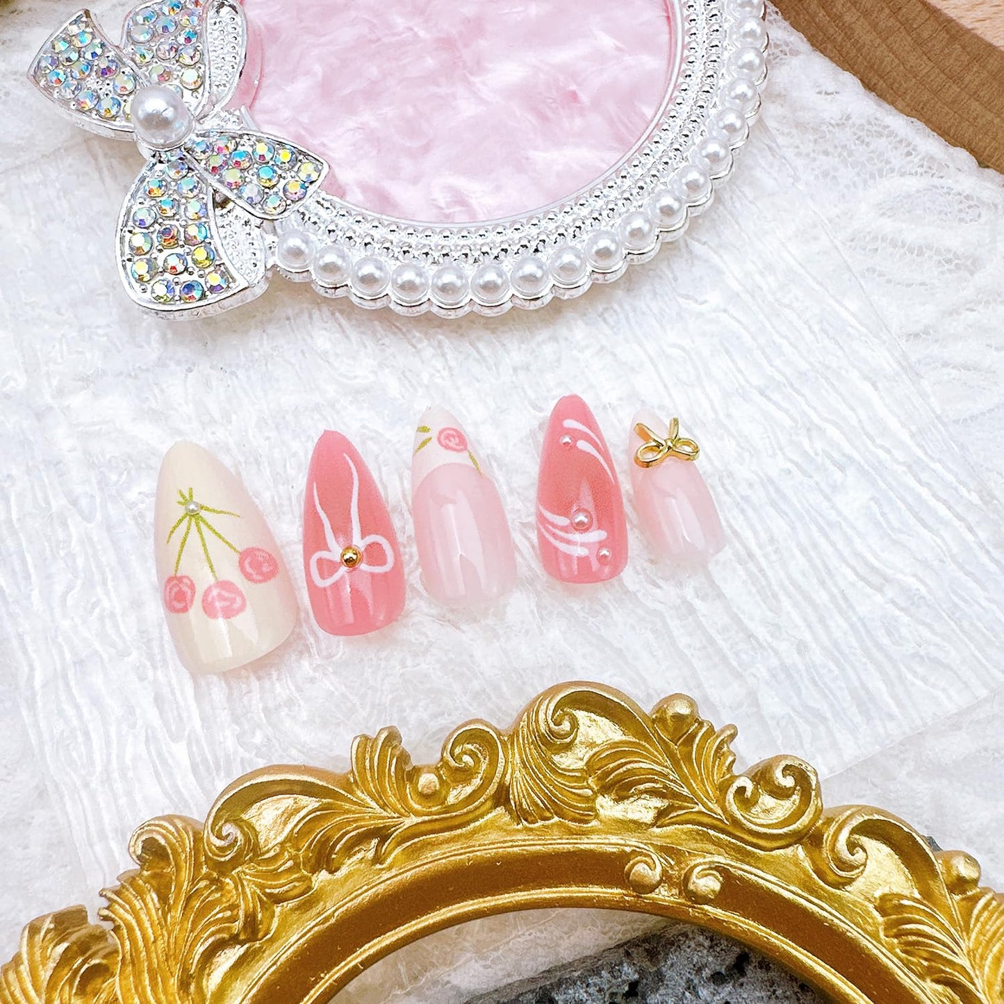 24Pcs Spring Press on Nails Medium Almond Fake Nails with 3D Bow Designs Rose Flower False Nails Reusable Bow Acrylic Nails Floral French Tip Full Cover Stick on Nails for Women