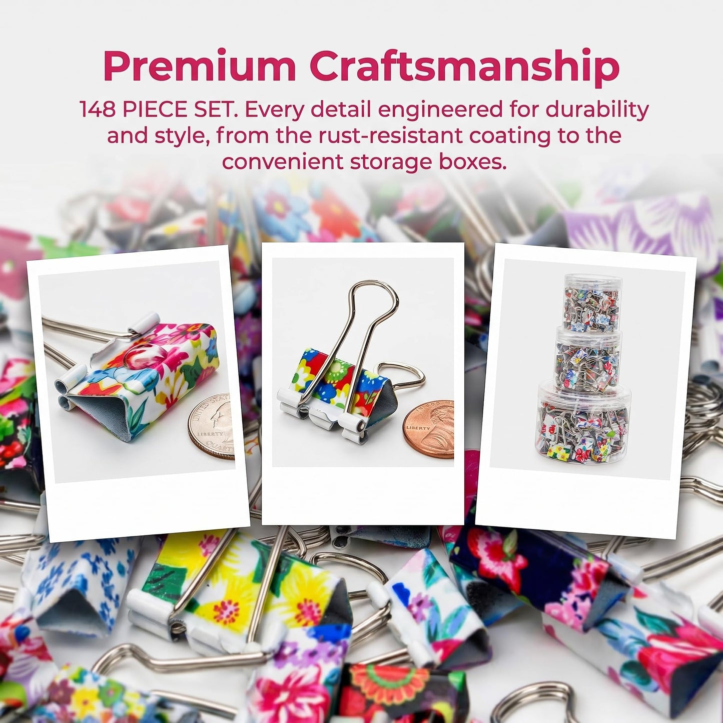 Fasmov 148 Pcs Cute Binder Clips with 3 Sizes (Small/Medium/Large), Office Stationery Clips for Organizing Papers, Crafting & DIY Projects, Paper Clamps Perfect for Office, School, and Home Use