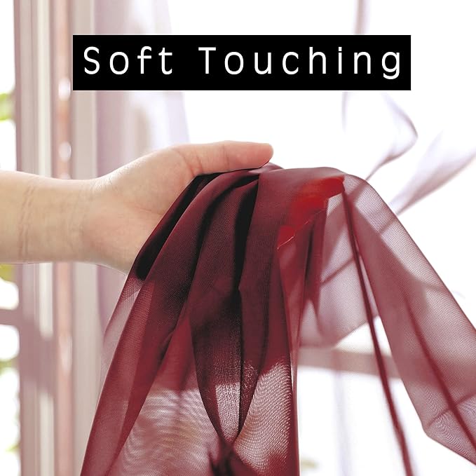 OVZME 2 Panels Window Burgundy Sheer Curtains 42" x 45" Inches for Small Windows, Soft Touching Top Dual Rod Pocket Drapes for Living Room & Bedroom.