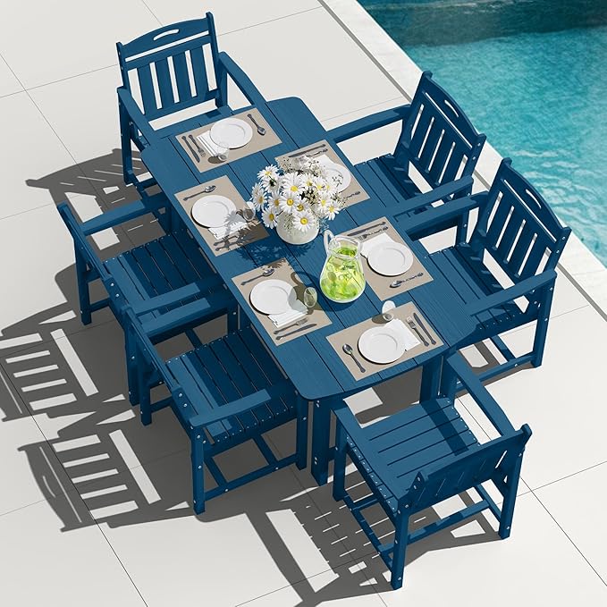 Outdoor Rectangle Dining Table, Heavy-Duty HDPE Table for 6, Weatherproof Patio Table with Umbrella Hole, Rounded Corners for Safety, Navy Blue