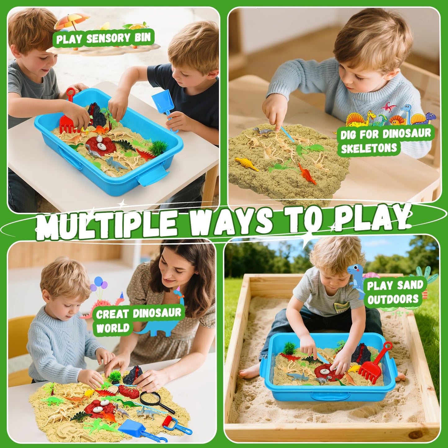 Pakimio Dinosaur Sensory Bin with Lid, 2.64lbs Magic Sand, Dino Figures, Skeletons & Archaeology Tools, Sensory Sand Kit Dinosaur Toys for Kids 3 4 5 6 7+ Year Old Boy Toddler Birthday Gift Christmas