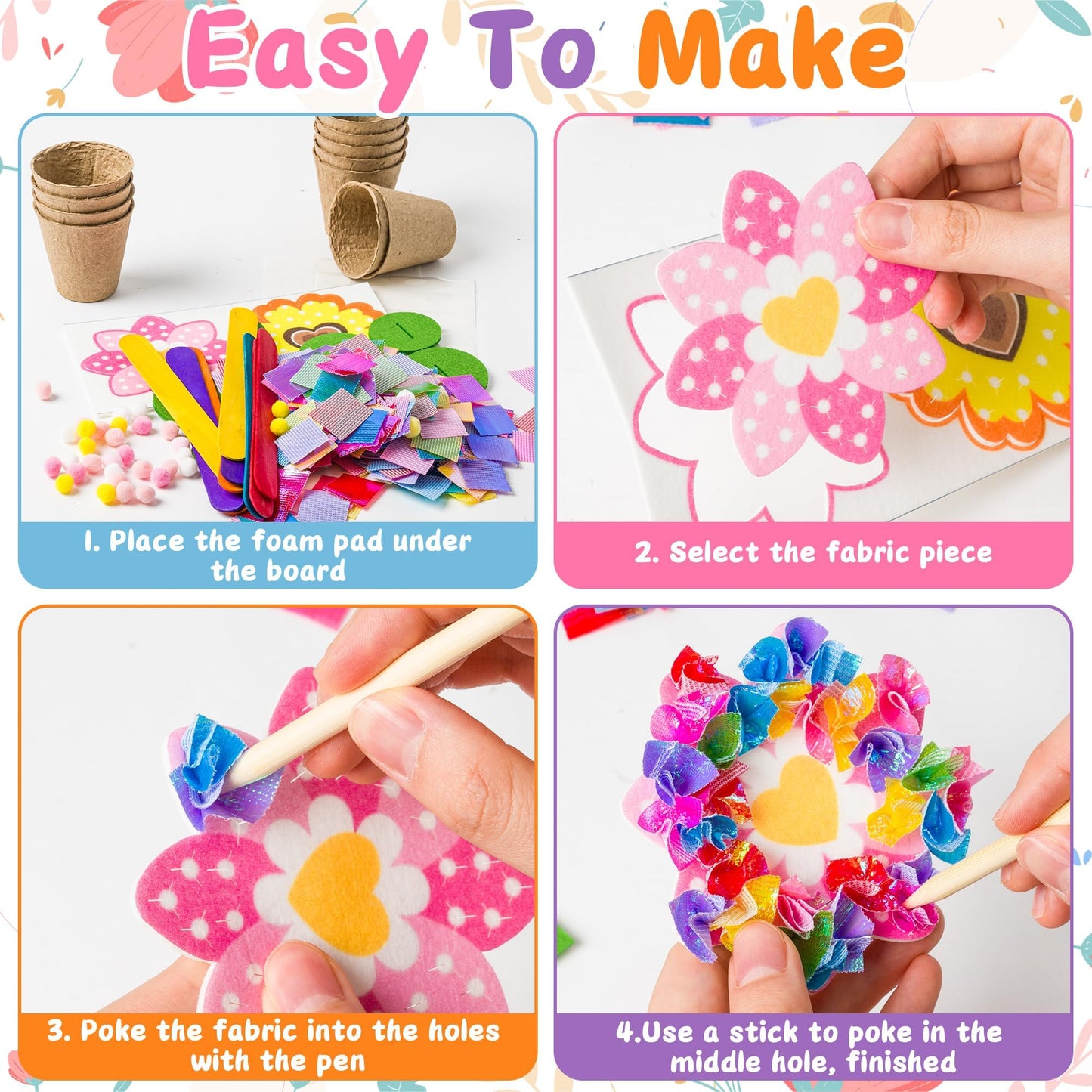 FoszaSzept Poking Felt Flowers Craft Kits - DIY Back to School Felt Standing Flowers Gift with Flower Pot and Fabric Squares, Springtime Creative Activity Home School Fun Activities for Kids (24 Pack)
