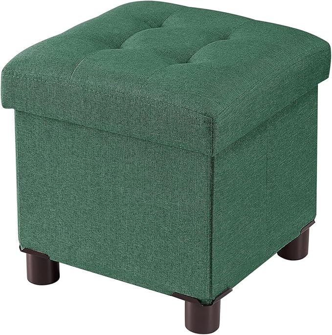 BRIAN & DANY Small Ottoman with Storage, Small Storage Ottoman, Folding Foot Stool with Wood Legs for Living Room and Bedroom Linen Rest Seat, 12.6"x12.6"x12.8" - Dark Green