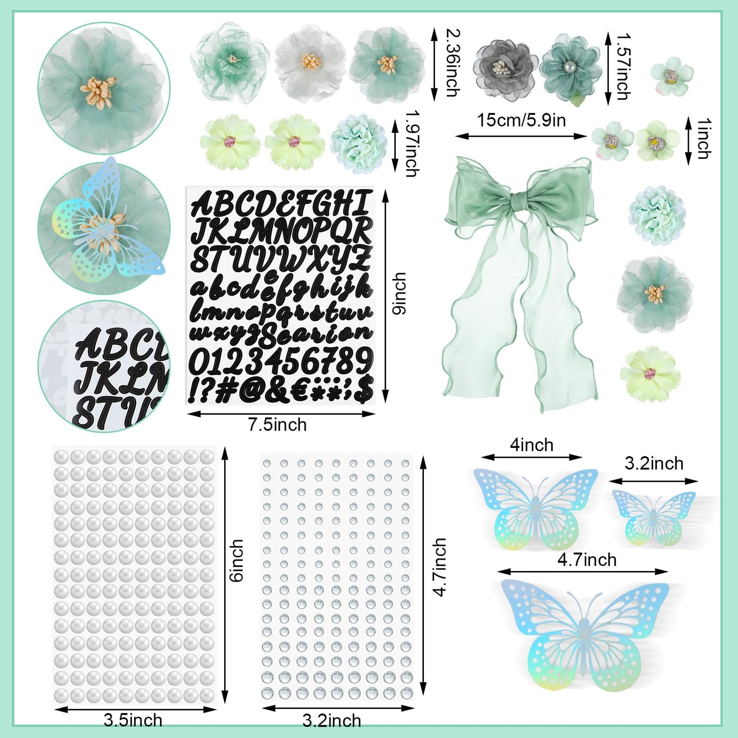 Solsew 35 Pcs DIY Graduation Cap Decorations Accessory Kit, 3D Artificial Flowers, Butterfly & Alphabet Letter Stickers, Pearl Stickers, Bowknot for Grad Hats Decor(Green)