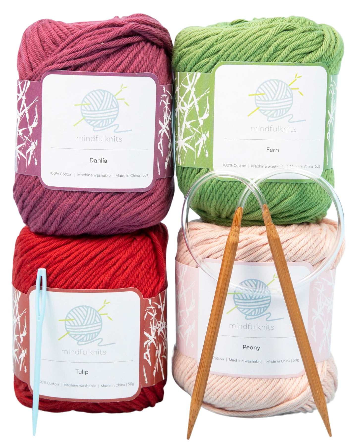 mindfulknits - Beginners Washcloth Knitting Kit - Includes 100% Cotton Knitting Yarn + Circular Knitting Needles & Yarn Needle (Flora Colored Cotton Yarn) - Mindful Crafting Kit