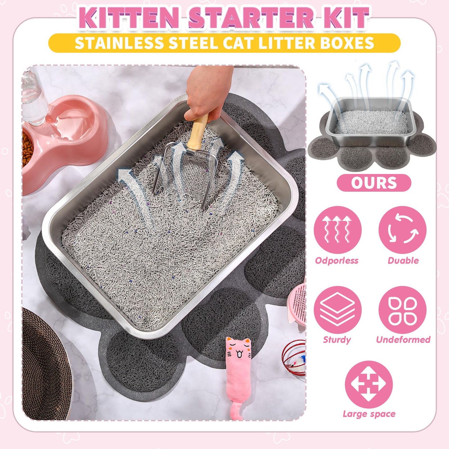 PullCrease 38 Pcs Kitten Supplies Starter Kit Cat Essentials Set Include Cat Scratcher Cardboard Stainless Steel Litter Box Bed Carrier Kitten Toys Accessories for Welcome Gift Supplies
